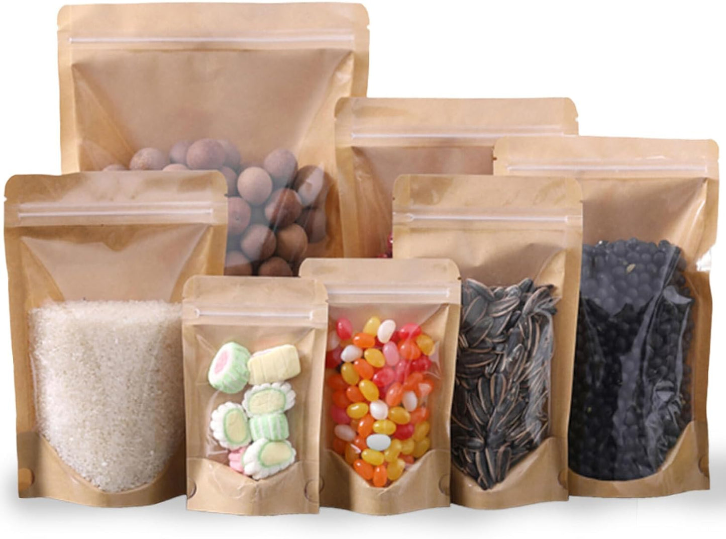 50pcs Kraft Bags With Window Clear Fornt Pouches Resealable Stand Up Zip Lock Food Storage Bags Brown 3.5"x5.5"