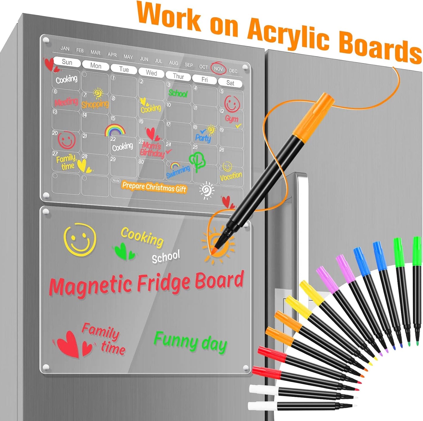 Liquid Chalk Markers for Acrylic Fridge Calendar Planning Board Clear Glass Dry Erase Board Refrigerator Whiteboard for Window/Mirror, 14 Pack, 7 Vibrant Colors, 1mm Fine Points, Easy Wet Erase