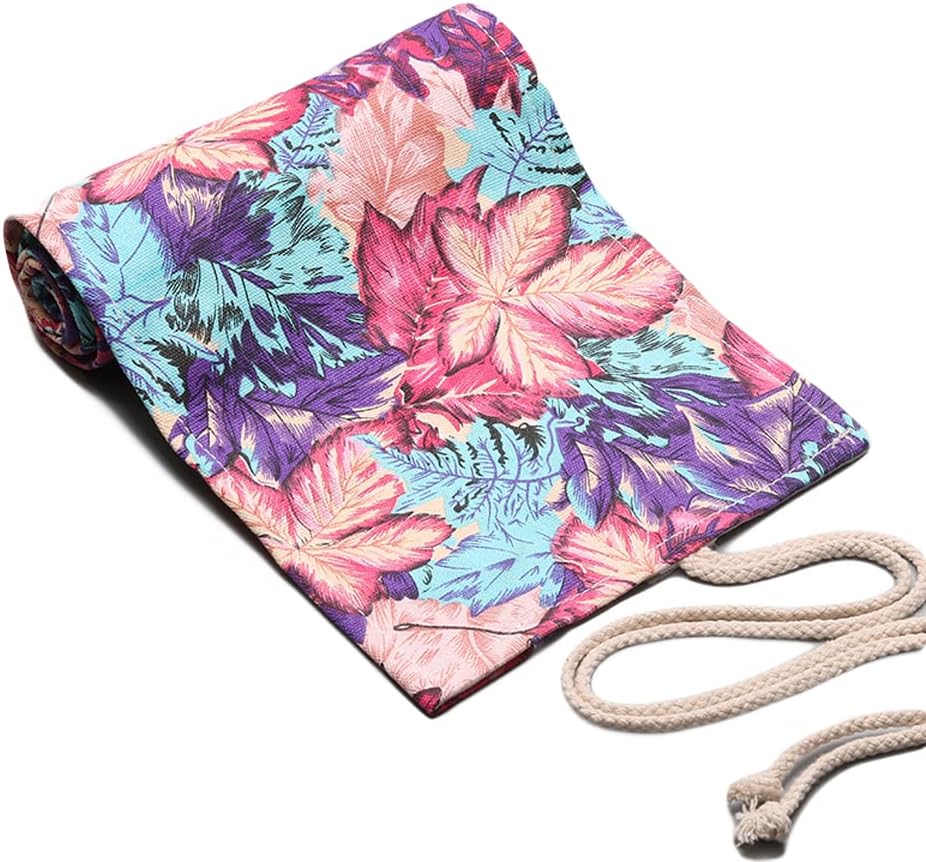 DIYOMR 24/36/72 Slots Pencil Wrap Pencil Rolls, Artist Colored Pencils Roll Up Bag Short Brushes Pouch Case Pencils Organizer for Drawing Coloring and Sketching (Maple Leaves, 36slots)