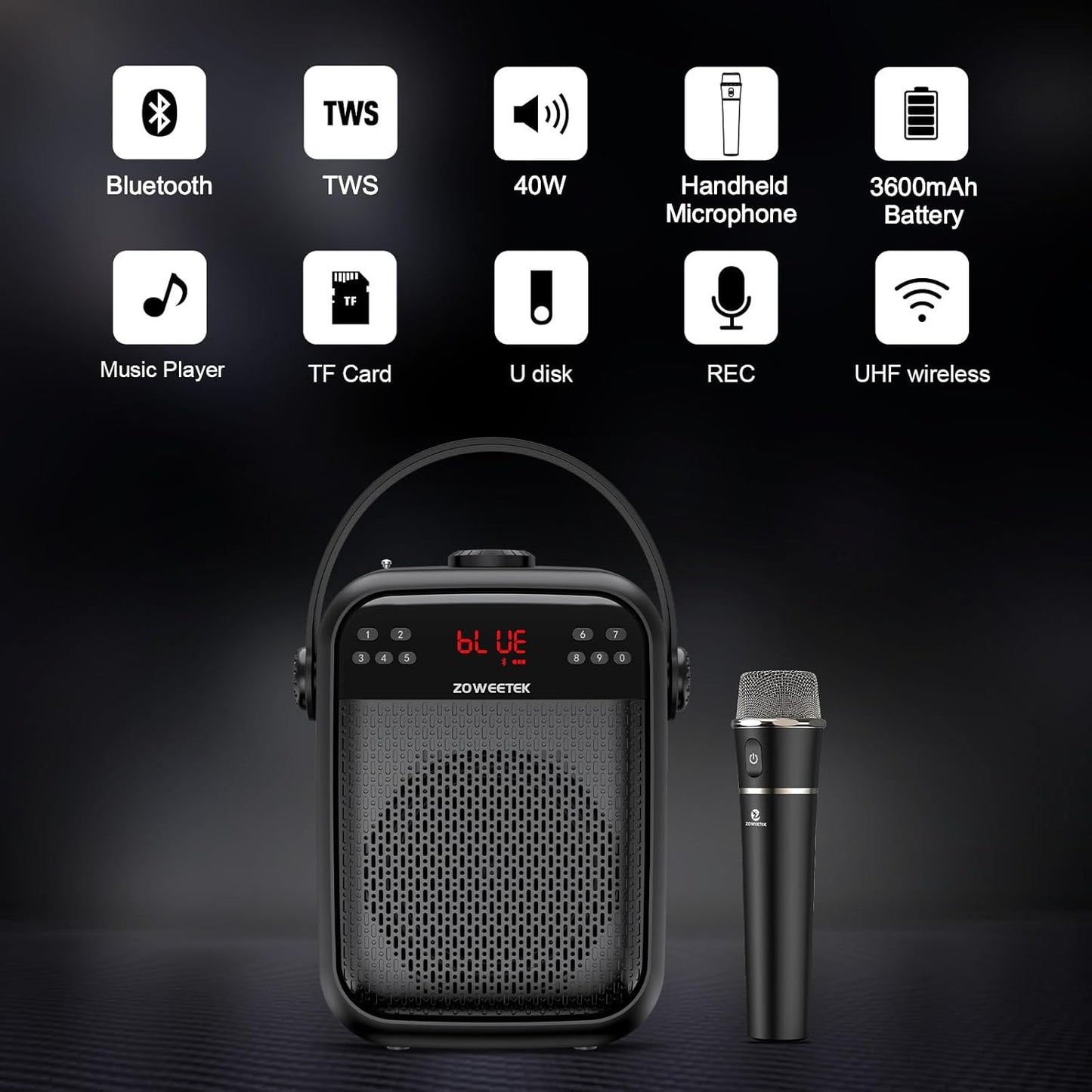 ZOWEETEK Voice Amplifier with Wireless Microphone Handheld, Wireless Voice Amplifier for Teachers, Buletooth PA System Speaker and microphone,Portable Megaphone for Classroom, Speech,Karaoke,Outdoor