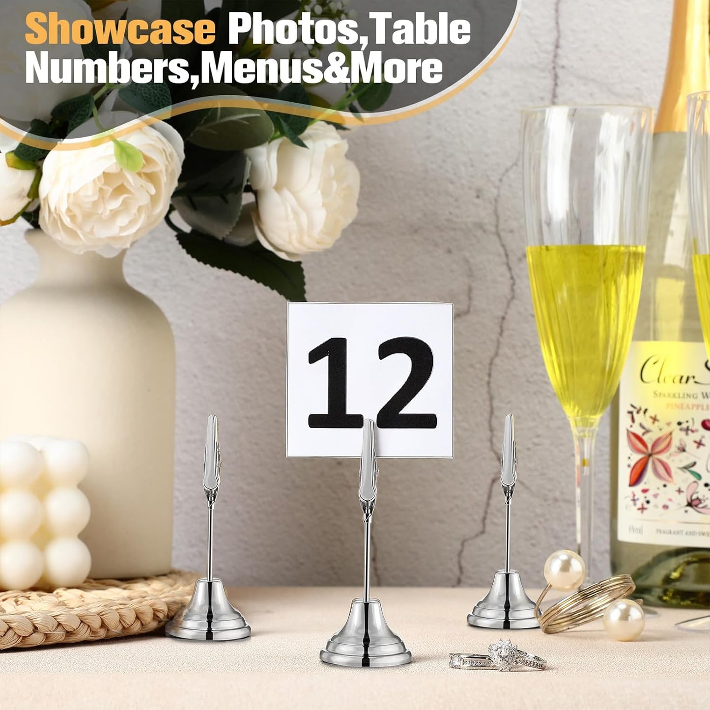 12 Pcs Table Number Holders 3 Inch Place Card Holder with Alligator Clip Metal Table Card Holders Table Number Stands Table Sign Holders for Photos, Food Signs, Birthdays, Weddings (Silver)