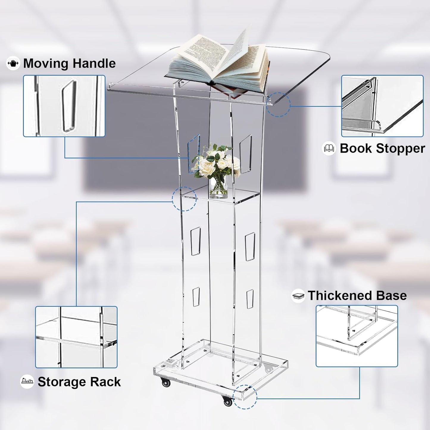 Acrylic Podium Stand, Ultra Clear 43'' Pulpits for Churches with 15 Color Adjustable, Modern Lectern with Storage Sheld for Church,Conference,Speech,Classroom, 23.62”x 15.75”X 43.3” (with Wheels)