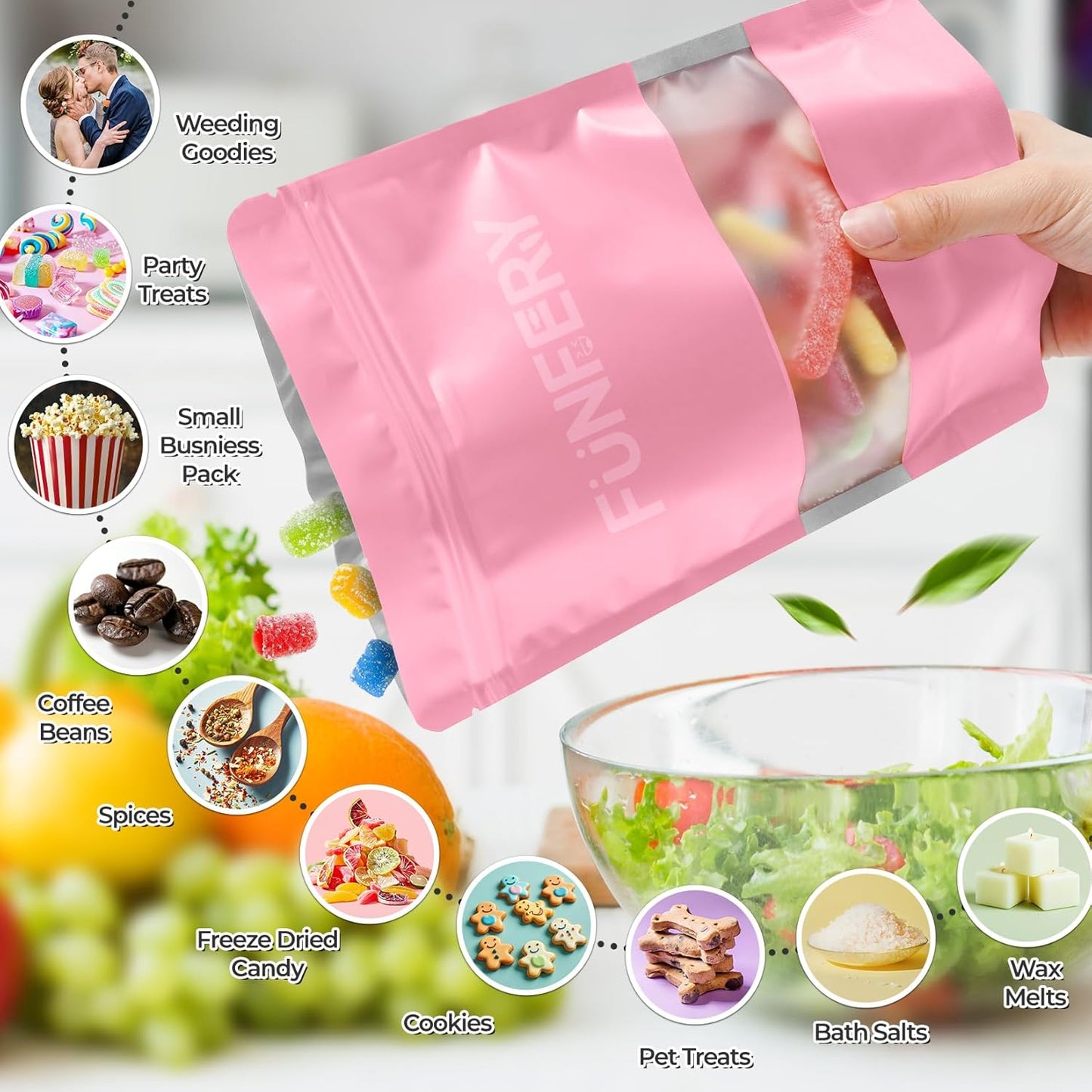 Funfery 100 Pcs Smell Proof Packaging Bags,Mylar Clear Bags for Food Storage,Sealable Bag for Packaging,Stand Up Pouches with Window,ReSealable Bag for Small Business,Cookies,Candy(Pink,4x6in)