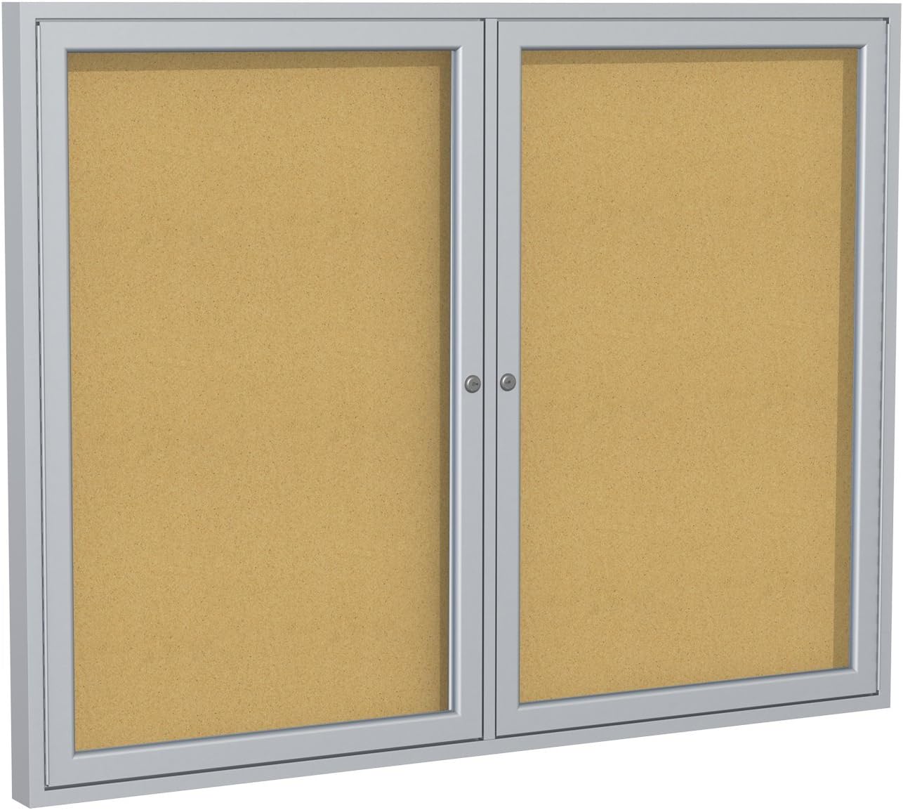 Ghent 36" x 48" 2-Door indoor Enclosed Bulletin Board, Shatter Resistant, with Lock, Satin Aluminum Frame - Natural Cork (PA234K) Made in the USA