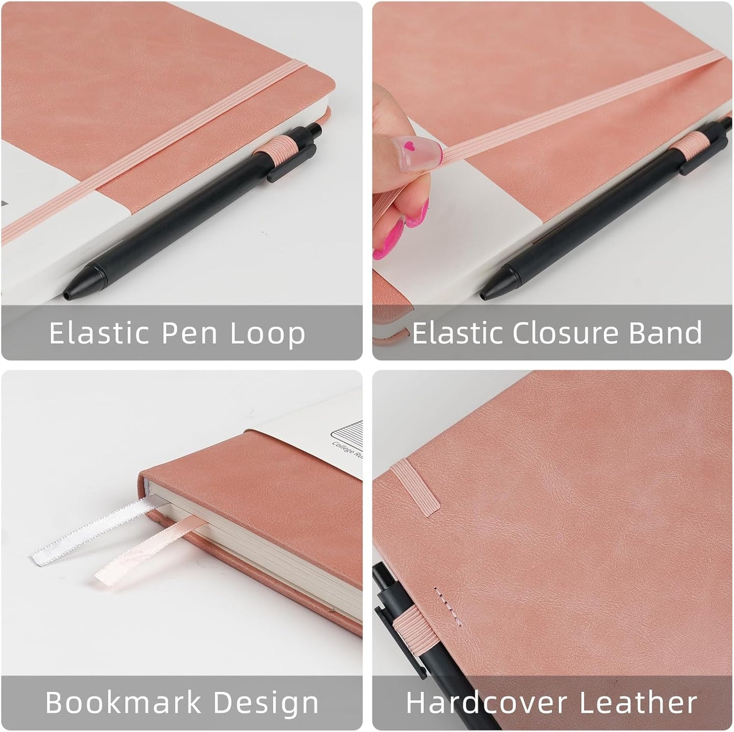 Notebooks Journal for Women Men 5 Pack Bulk Leather Hardcover with Pen Holder A5 160 Pages 100 GSM Thick Paper for Work School Lined Pink