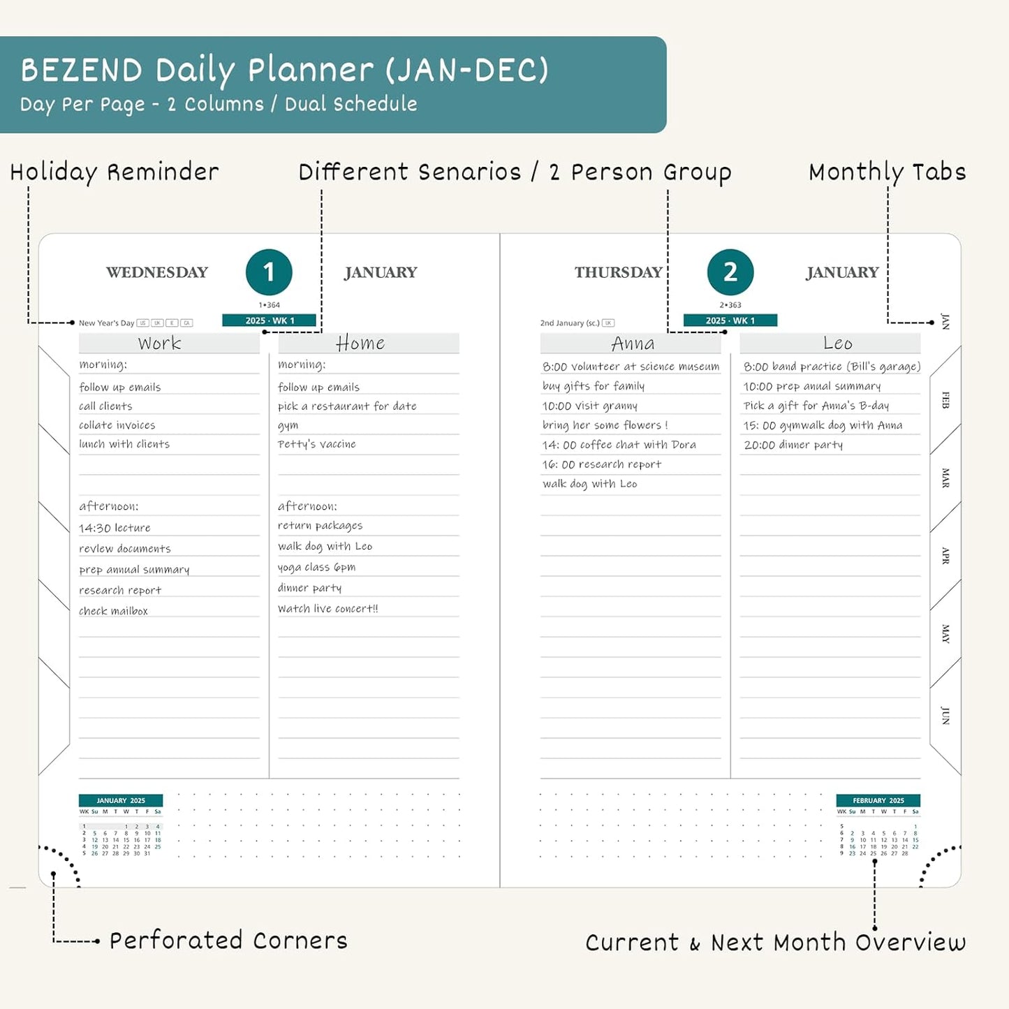 BEZEND Daily Planner 2026 (6" x 8.5") Full Page per Day Even Weekend (Jan-Dec) Monthly Calendar with Tabs, 2 Columns for Dual Schedule with Note, Vegan Leather Hardcover in Black