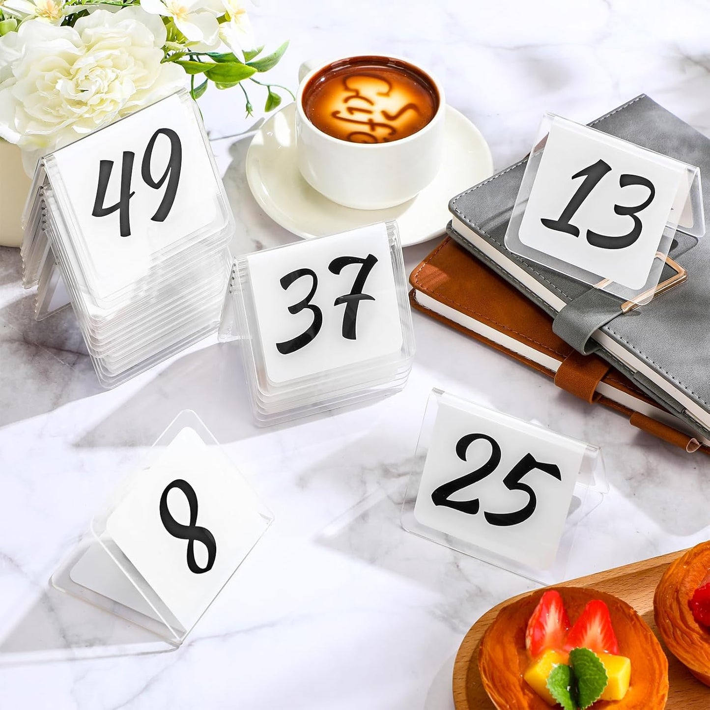 Suzile Table Numbers 1-100, 100-piece Double Sided Gold Acrylic Table Number Tents, 3.15" x 2.75" Number Signs for Receptions, Banquets, Restaurants, and Wedding (White and Black)