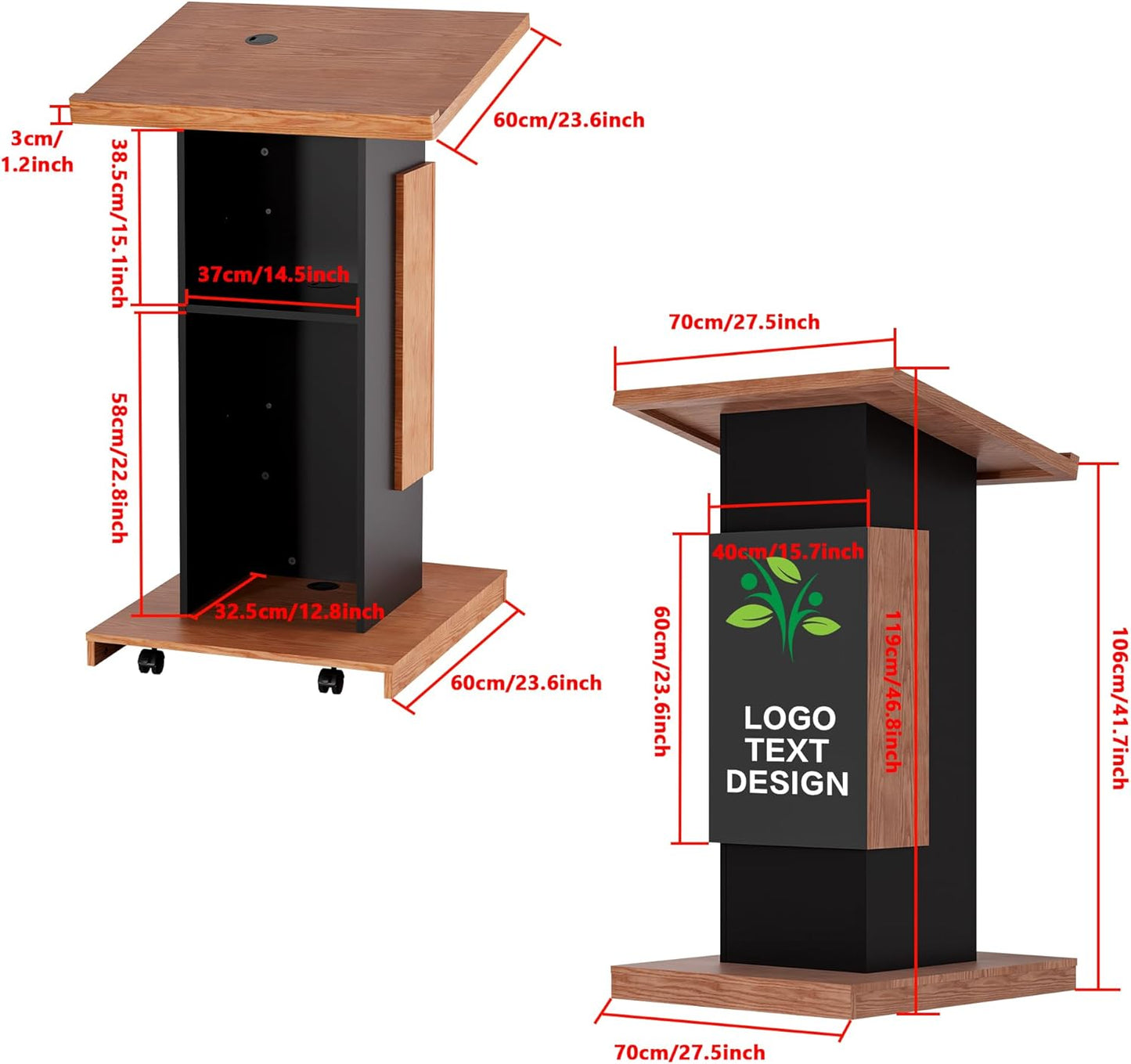 Customizable Logo & Text Podium Stand,Wood Lectern with Lockable Wheels,Church Pulpit with Storage,Mic Stand Space,Wooden Podium for Churches,Seminars and Schools (black)