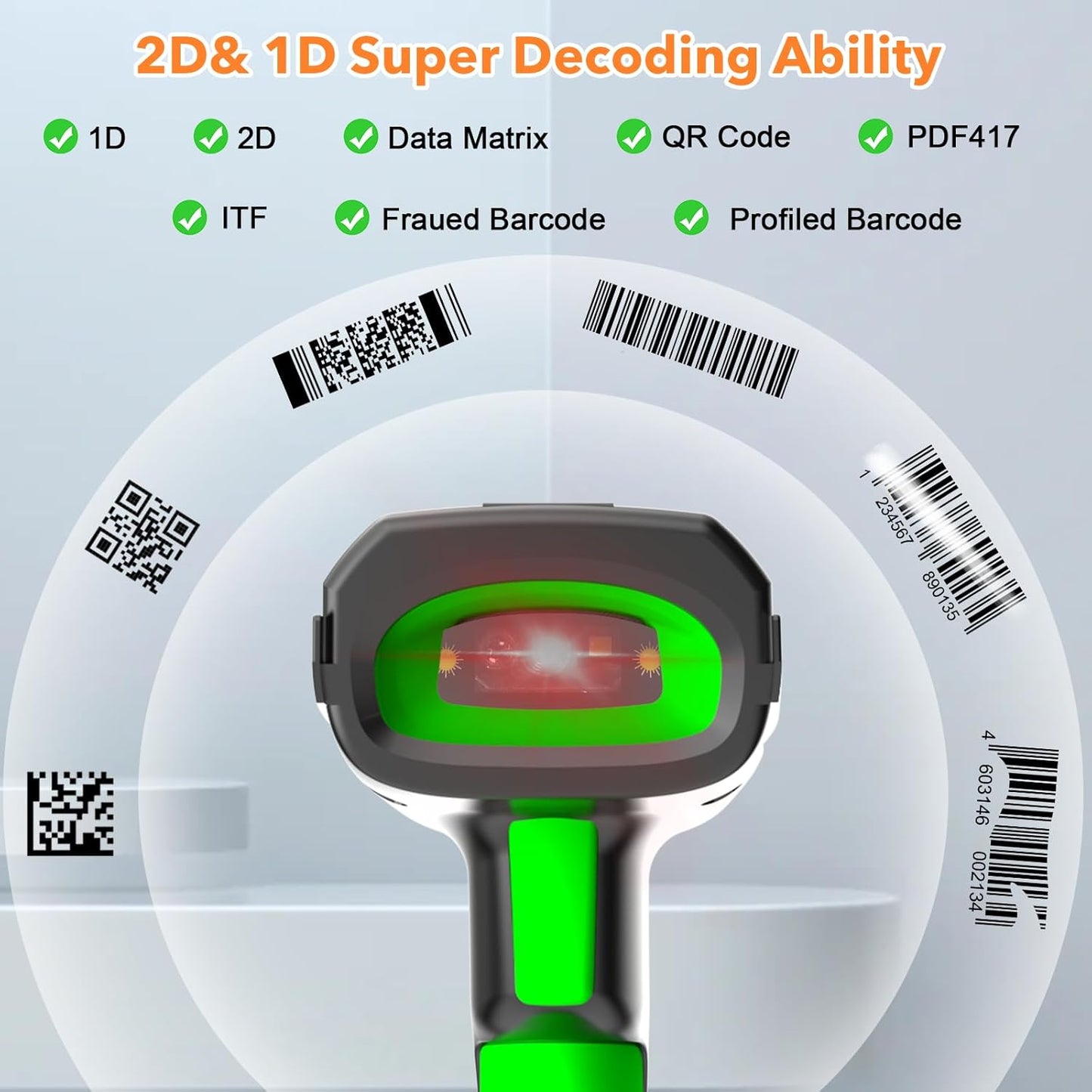Alacrity Industrial-Grade Bluetooth 433MHz Wireless 2-in-1 Barcode Scanner with Screen and Dock, Long-Range 1500m Connectivity for Retail, Warehouse, and Logistics.