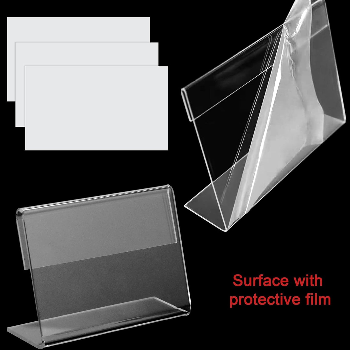 BILLIOTEAM 50pack Mini Clear Sign Display Holder with Blank Labels,2.36*1.57 Inch Horizontal Slanted L-Shape Plastic Name Card Price Card Tag Label Counter Top Stand