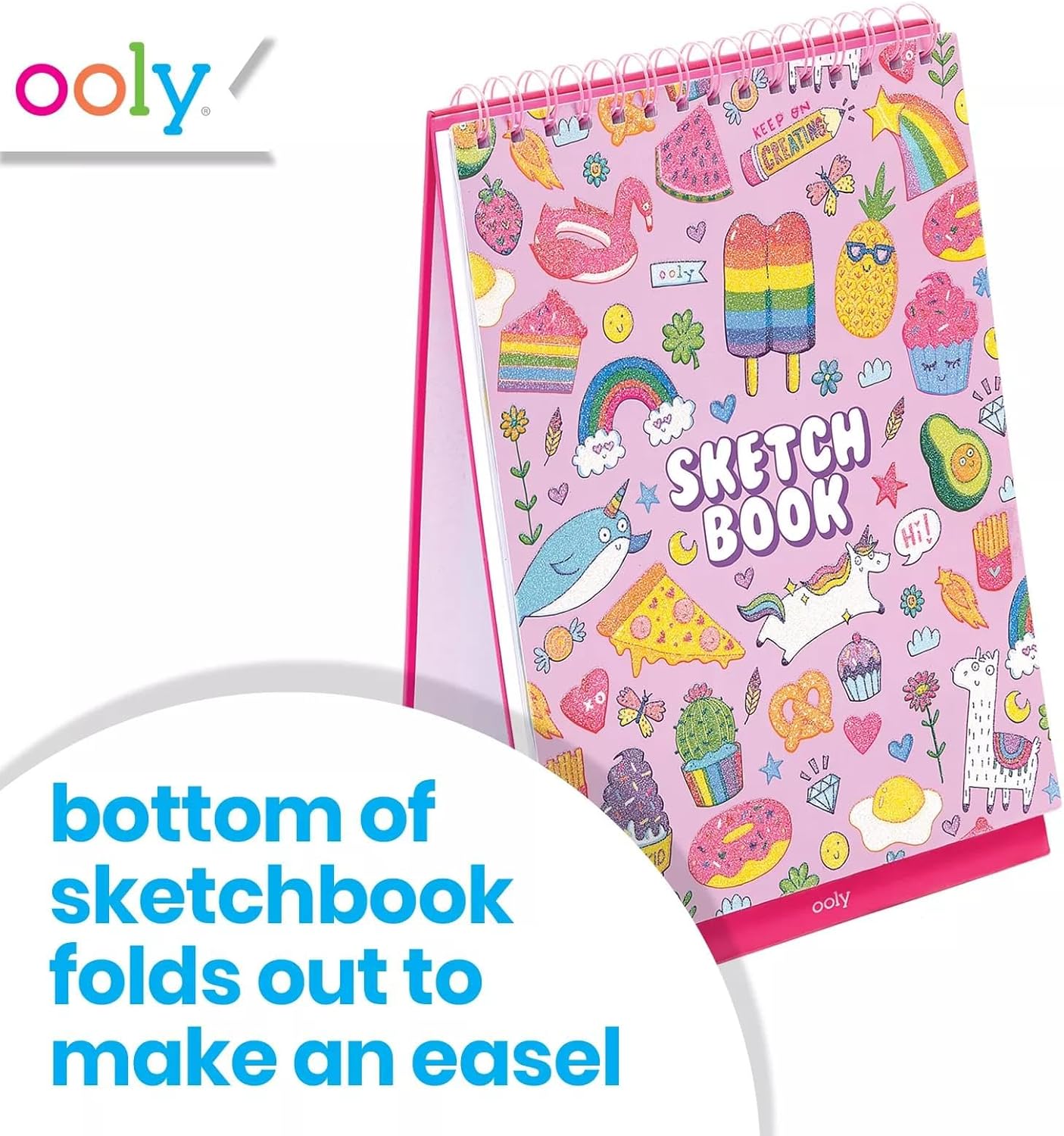 OOLY Sketch and Show Standing Sketchbook with 45 Large 10.5 x 8 Perforated Pages, 120 GSM/ 32lb Perfect for Markers, Colored Pencils, Back to School Supplies - Cute Doodle World