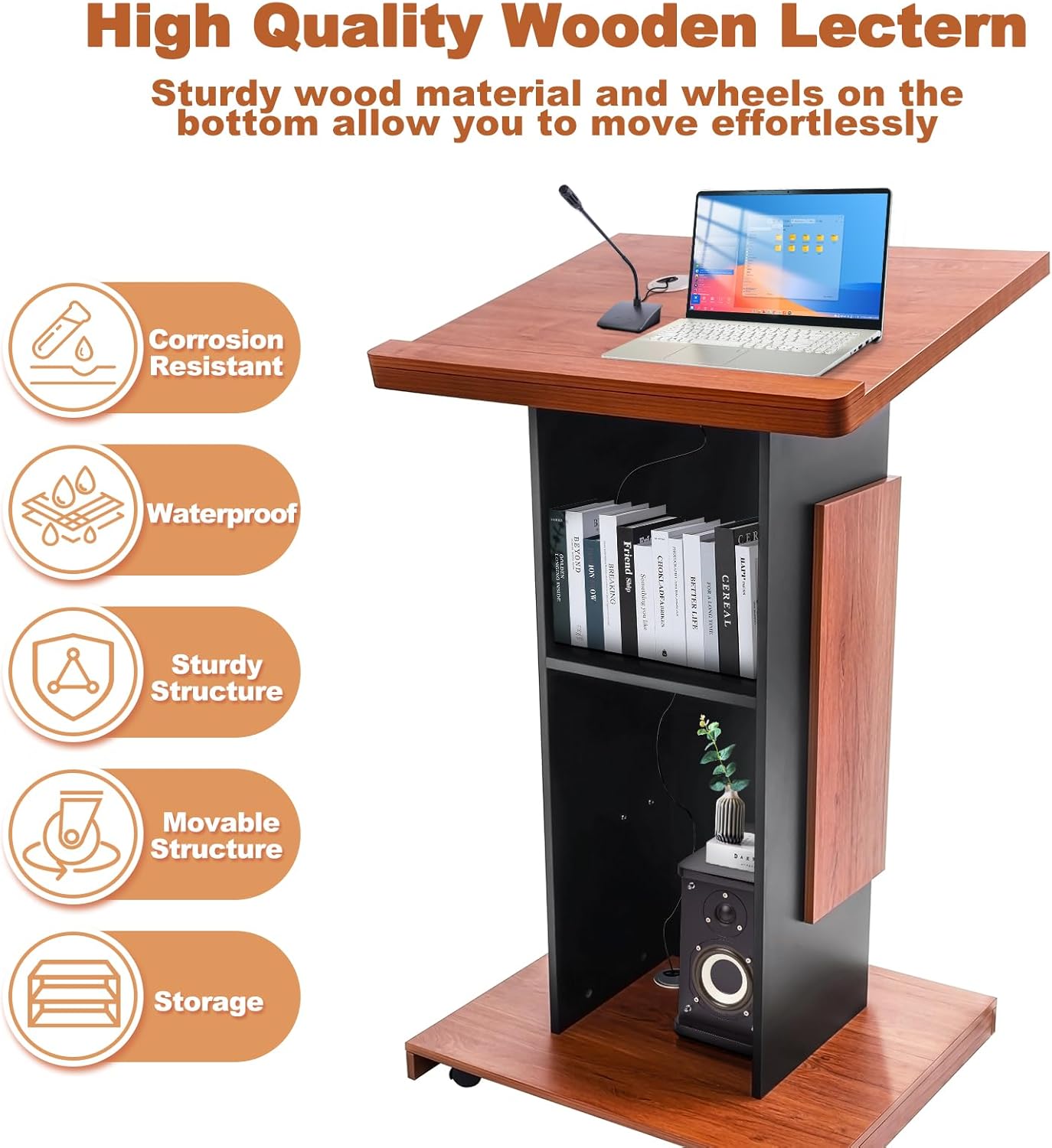 47"Portable Wooden Podium, Wood Speaking Lectern Stand, Reserved Wire Hole, Lockable Wheels, Design with Storage, Standing Pulpit for Church Office School Home Conference Restaurant Meeting