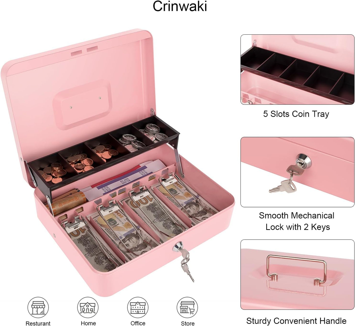 Cash Box with Money Tray and Key Lock, Money Box with Safe Locking, Money Saving Lock Box for Cash Register 11.8"x9.45"x3.54" Pink XL Large
