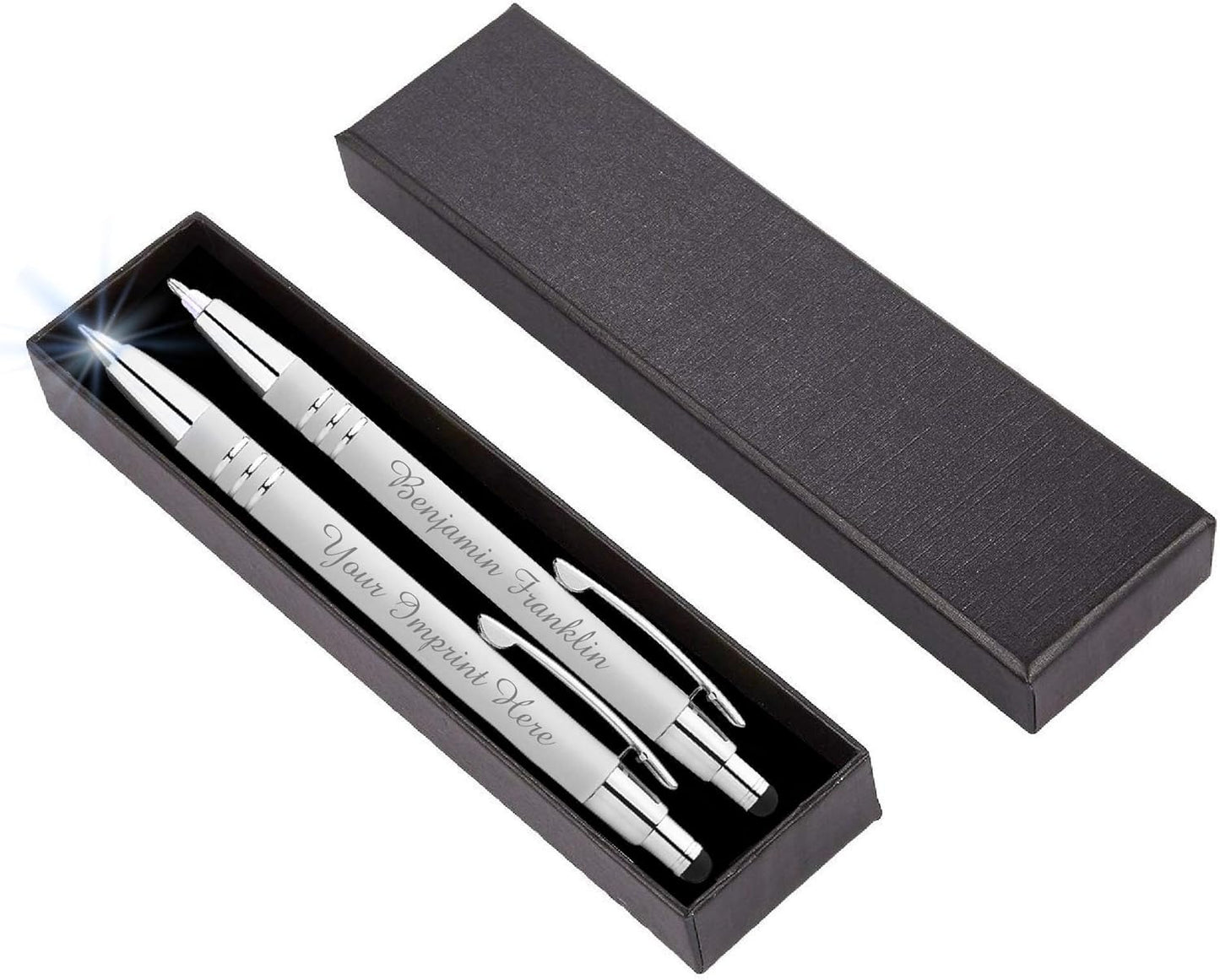 ExpressDesigns™ - Personalized Pens Gift Set - 2 Pack of | LED Flashlight Soft Touch Metal Pens w/gift box | Luxury Ballpoint Pen Custom Engraved with Name or Message | Light Up Pens (White)