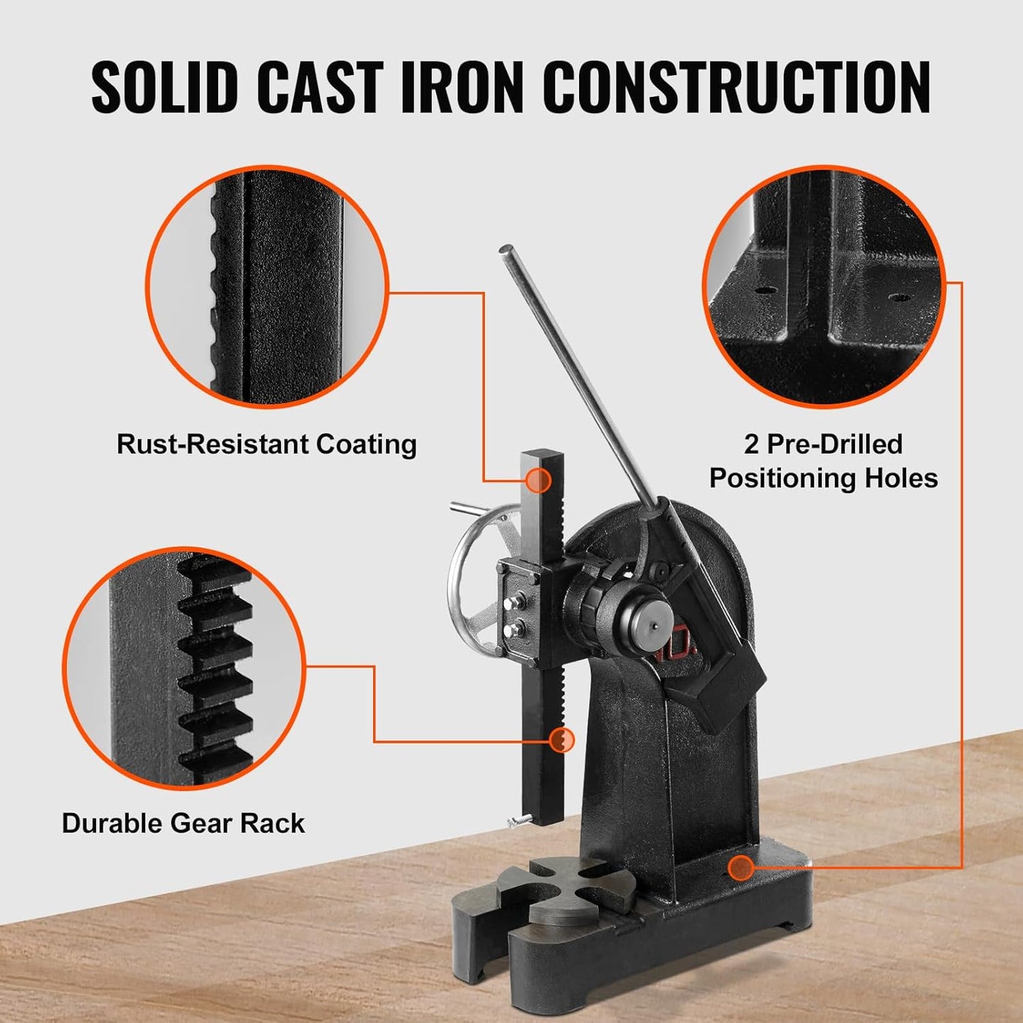 VEVOR Arbor Press, 3 Ton Ratchet Type Arbor Press, Ratchet Leverage Arbor Press with Handwheel, 12.2" Maximum Height, Cast Iron Manual Desktop Punch Press, for Stamping, Bending, Stretching, Forming