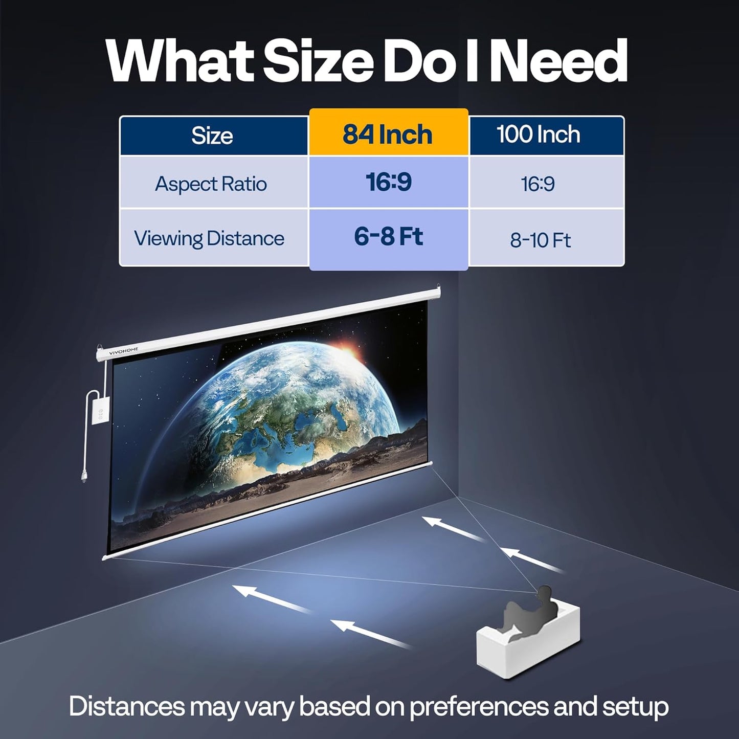 VIVOHOME Motorized Projector Screen with Remote, 16:9 84 Inch Auto Electric Projection Screen, HD 4K Movie Screen for Home Theater, Cinema, Office (73 x 41 White)
