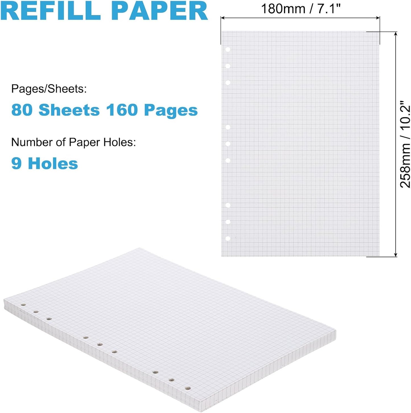 PATIKIL Grid Refill Paper 9-Ring Binder Loose Leaf Planner Filler Paper Planner Inserts, 80 Sheets/160 Pages, Lined