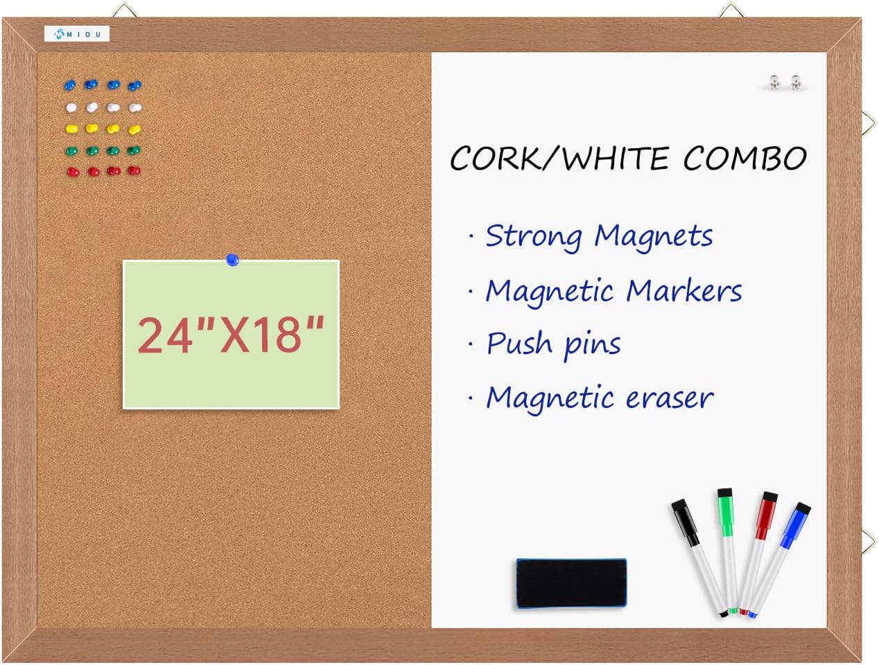 Combination Magnetic Whiteboard Cork Bulletin Board, 24" X 18“ Combo Dry Erase White Board Cork Pin Board for Wall with Natural Wood Frame…