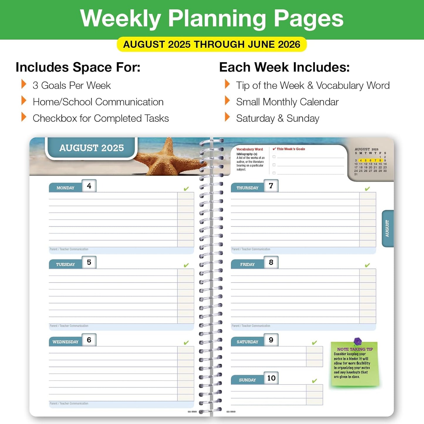 Global Datebooks Dated Middle School or High School Student Planner for Academic Year 2025-2026 Includes Ruler/Bookmark and Planning Stickers (Block Style - 5.5"x8.5" - Swoosh)