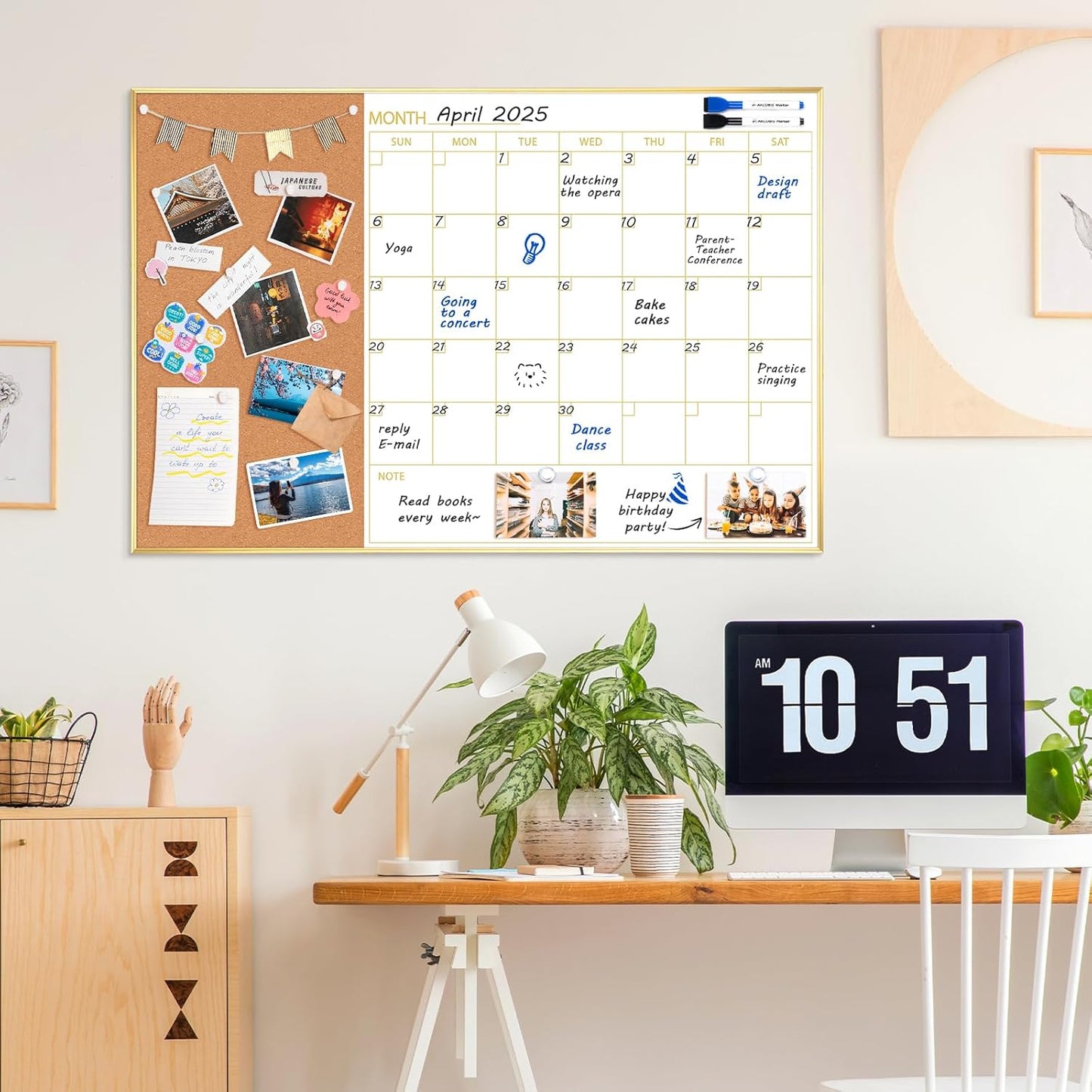 ARCOBIS Whiteboard Calendar with Cork Board, 36"x24" Magnetic White Board Calendar Dry Erase for Wall, Gold Frame Monthly Combination Board for Office, Home, School