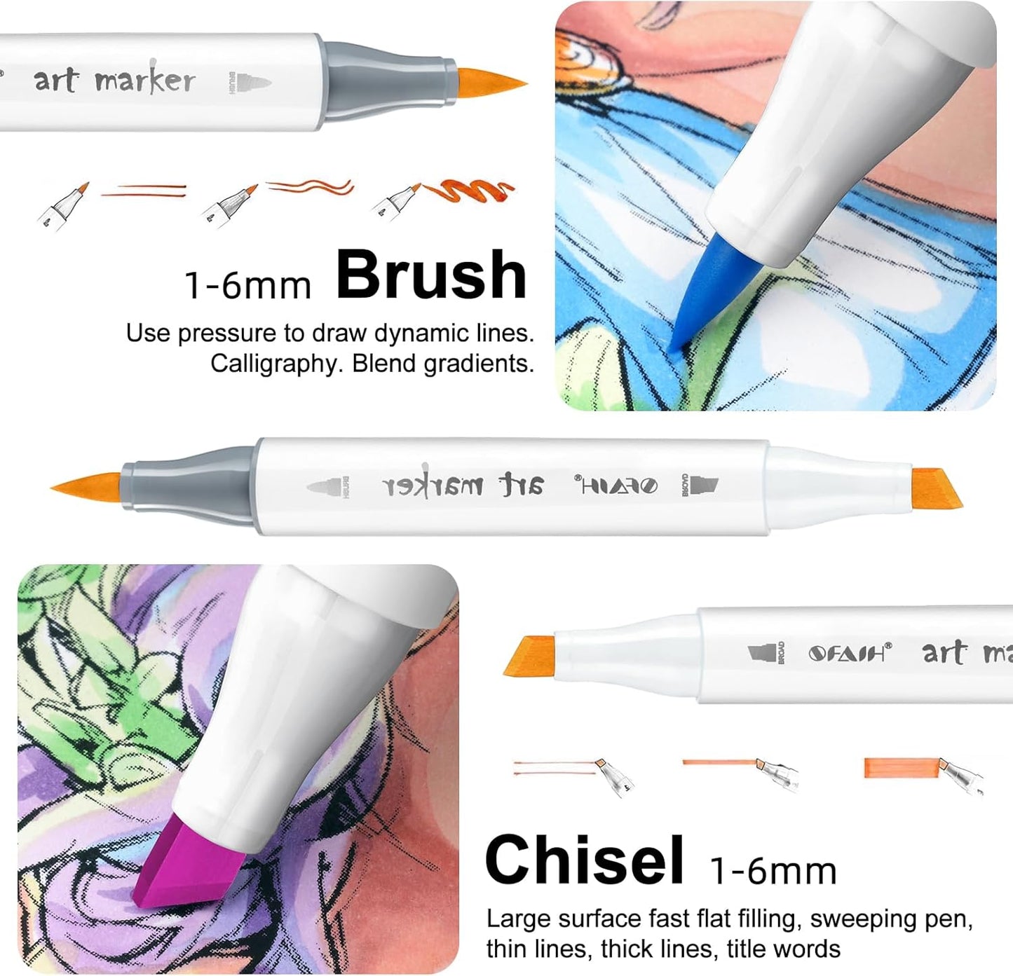 SFAIH Alcohol Markers Brush & Chisel - 168 Colors Double Tipped Art Markers for Adult Coloring Illustration, Gifts for Artist Adult - Adjustable Shoulder Strap & Faux Leather Lining & Outer Zip Pocket