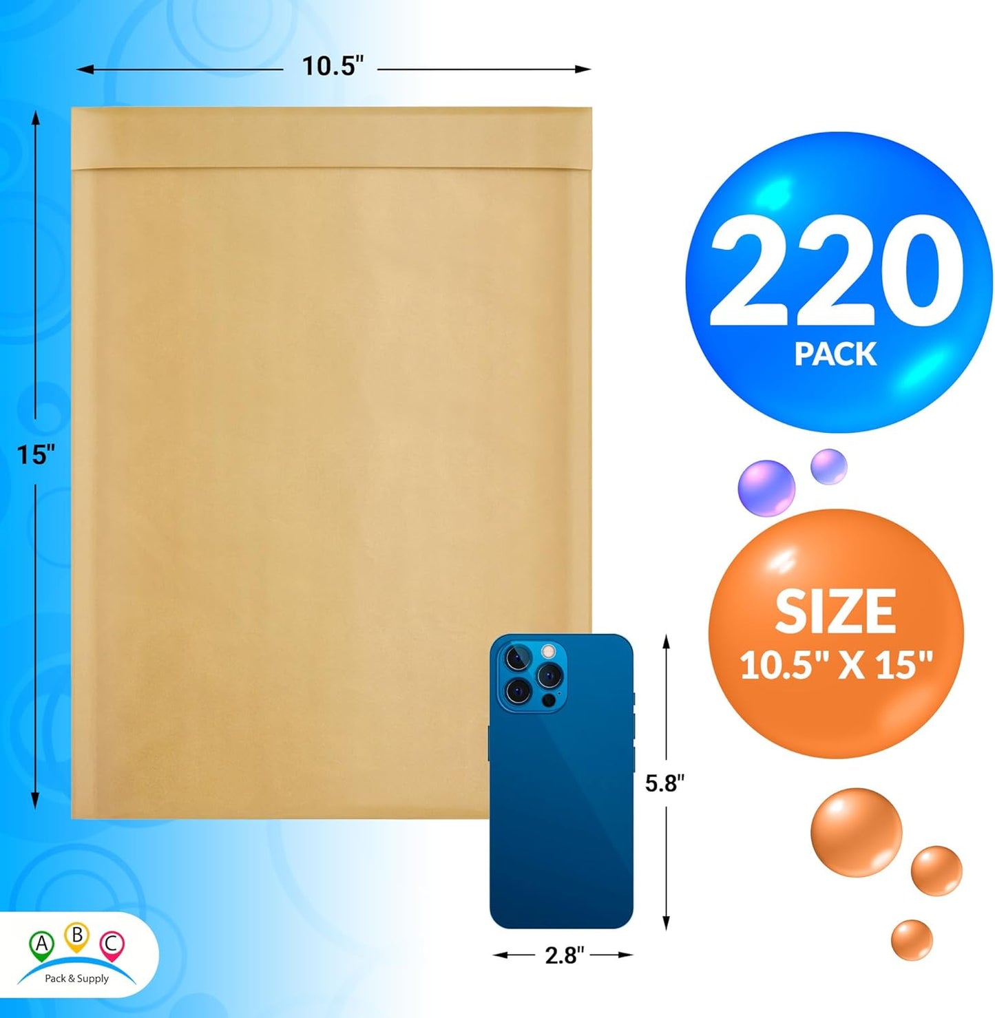 ABC PACK & SUPPLY Brown Kraft Bubble Mailer Envelopes, 10.5 x 15 Inches. 220 Pack Mail Padded Envelopes Self Seal. Kraft Bubble Mailers. Tear-Resistant Mailing Envelope Padded. Sturdy Paper Mailer