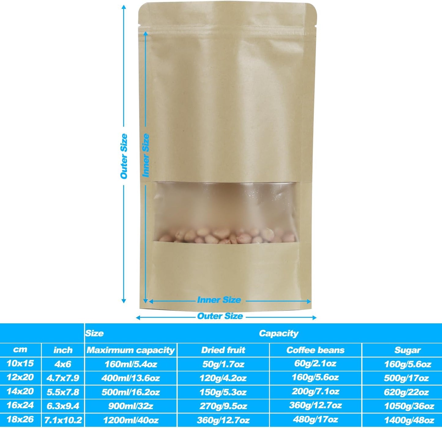 100 Pack Resealable Stand-up Bags With Clear Window for Sealing Storage, Scratch Resistant Hand Storage (Kraft Paper, 710 Inch)