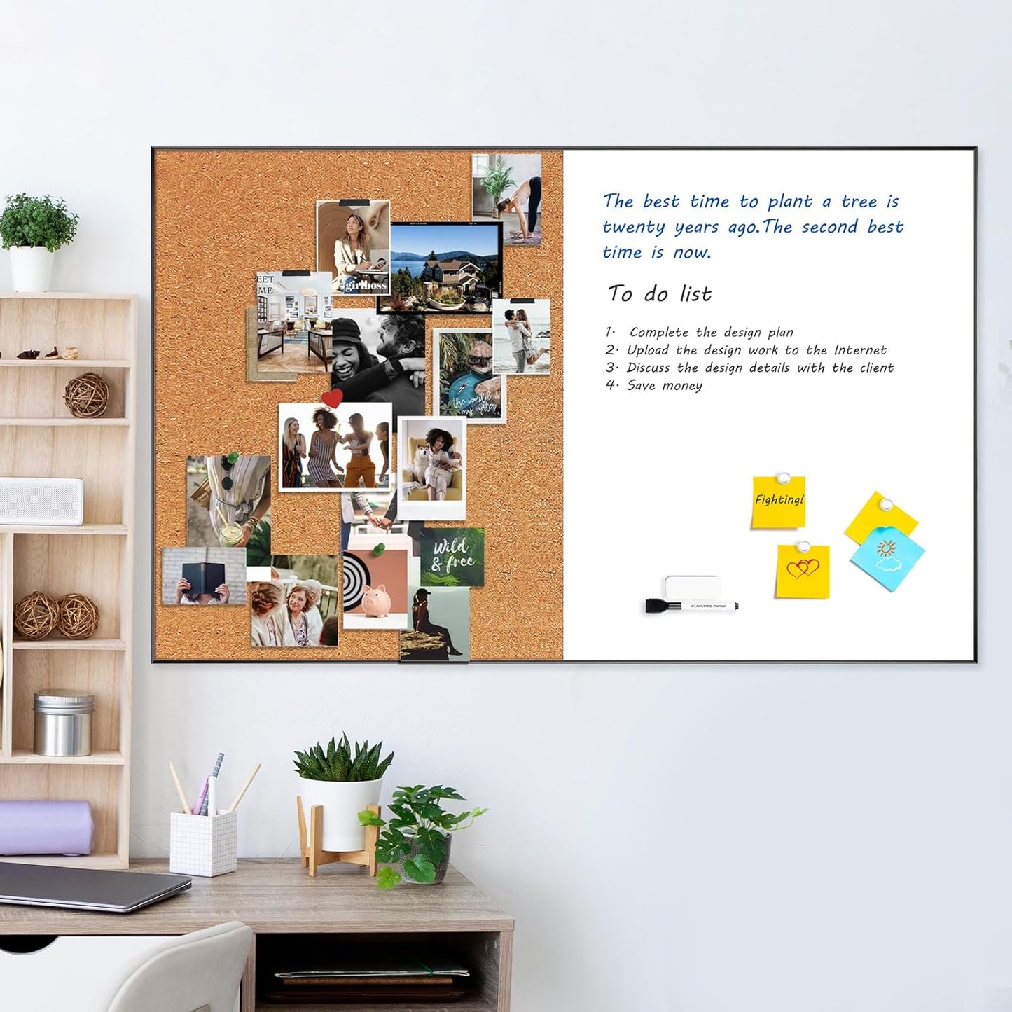 ARCOBIS Cork Board White Board Combo, Bulletin Board-Black Frame, Magnetic Dry Erase Board & Corkboard for Wall, Vision Board for Home, Office, School (Black, 48 x 30)