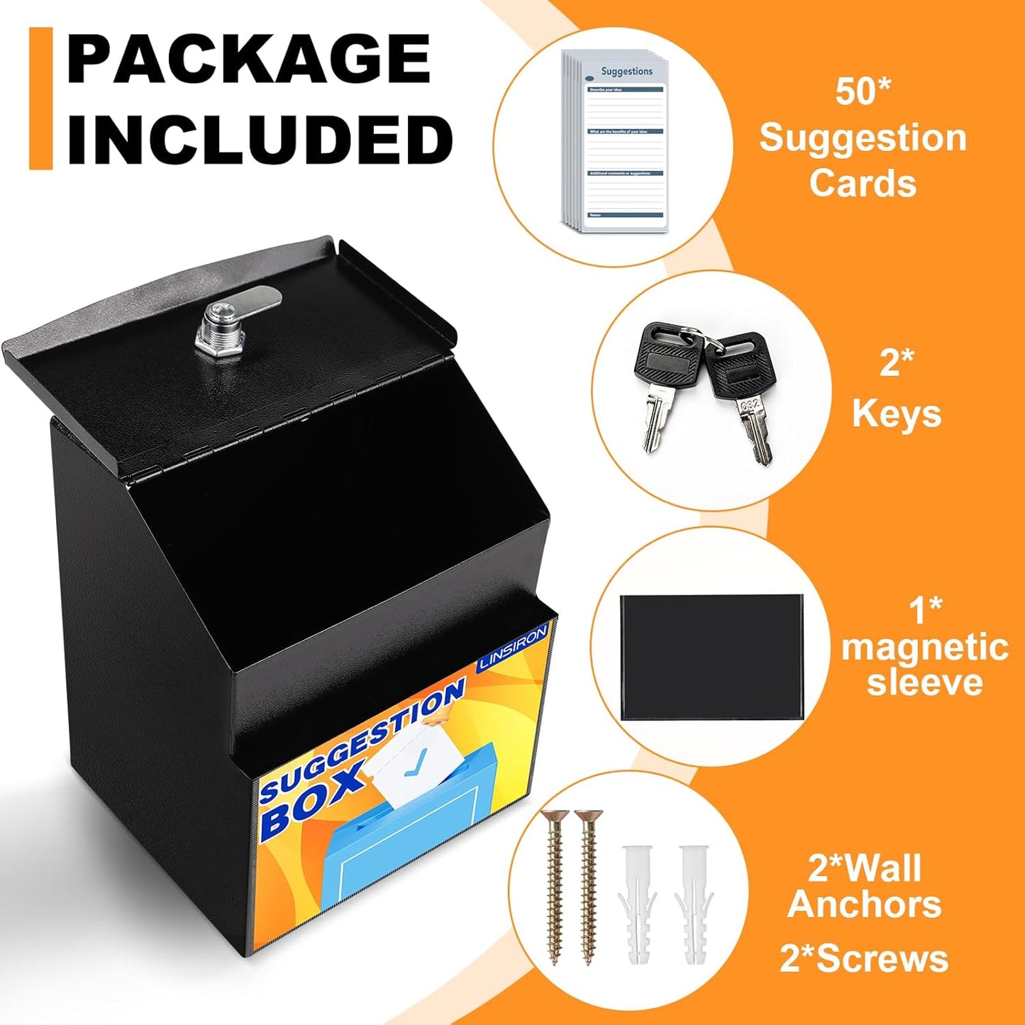 Suggestion Box with Slot and Lock Metal 8.4 x 5.8 x 7.0 inch Built-In Storage Compartment with Magnetic Sign Holder 50 Suggestion Cards Tip Jar Ballot Voting Prayer Comment Mailbox Teacher