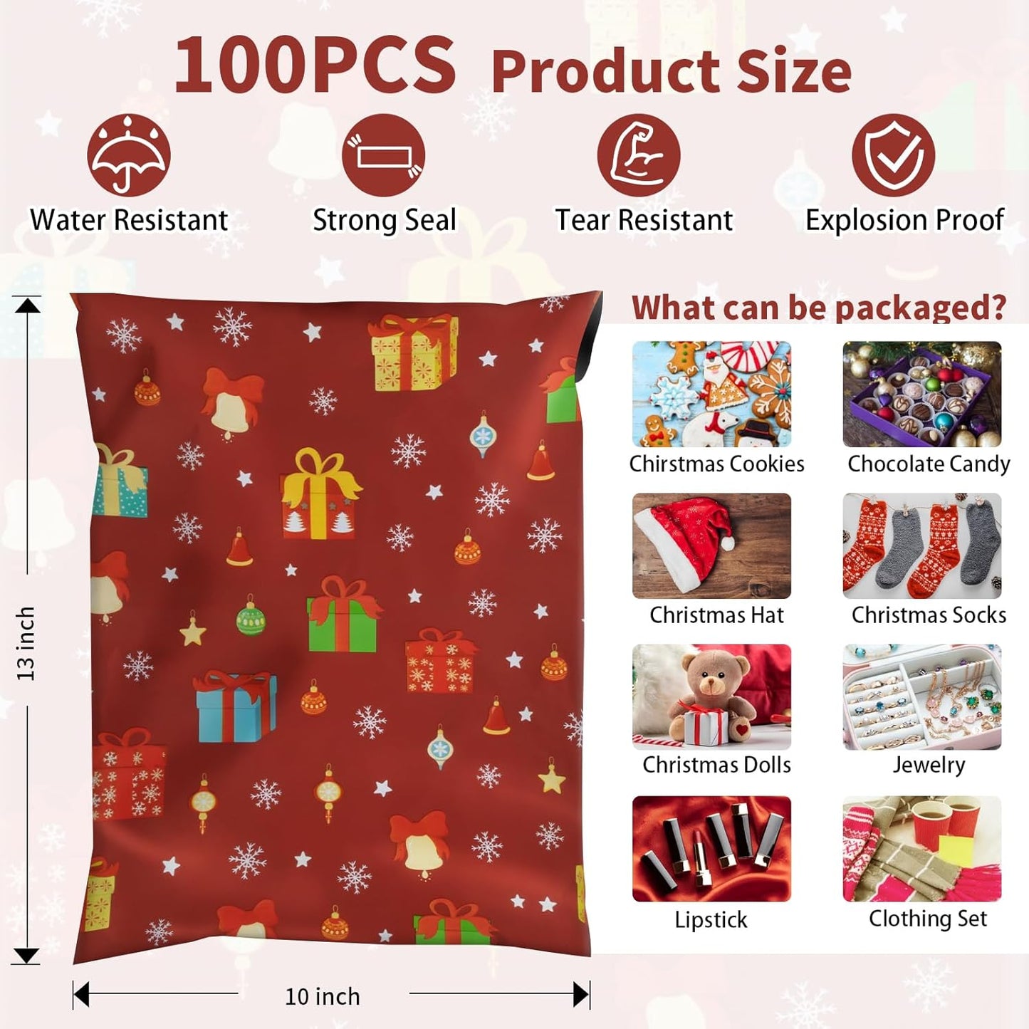 Oududianzi Christmas Poly Mailers 10x13, 100Pack Christmas Shipping Bags, Christmas Mailers Poly Bags for Shipping, Holiday Poly Mailers 10x13, Christmas Packaging Gift Bags