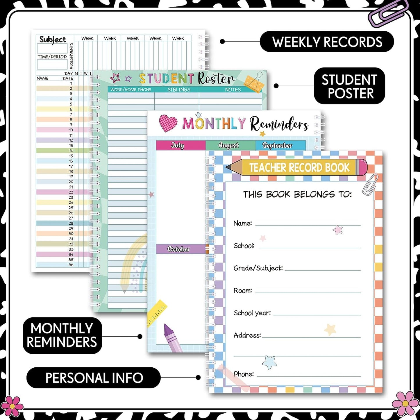 Teacher Record Book Teacher Grade Book Spiral Bound Record Class Gradebook Office Favors Gift for Classroom Attendance Decoration Double Sided Color Printing(Composition)
