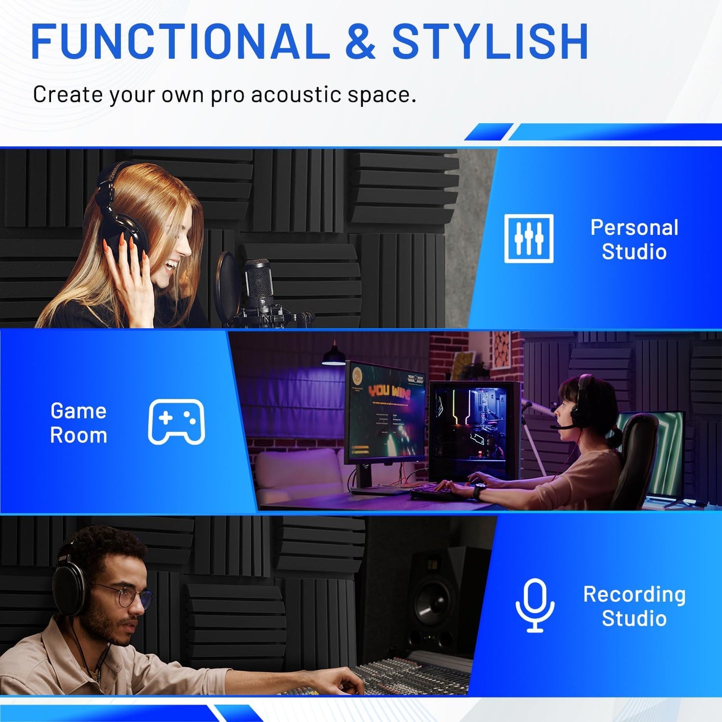24 Pack Curved Acoustic Foam Panels 3" x 12" x 12" Sound Proof Foam Panels Soundproofing Noise Cancelling Wedge Panels for Home Office Recoding Studio with 150 PCS Double-Side Adhesive