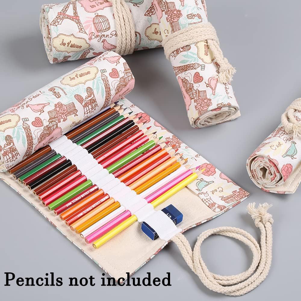 DIYOMR 24/36/72 Slots Pencil Wrap Pencil Rolls, Artist Colored Pencils Roll Up Bag Short Brushes Pouch Case Pencils Organizer for Drawing Coloring and Sketching (Paris Tower, 36slots)