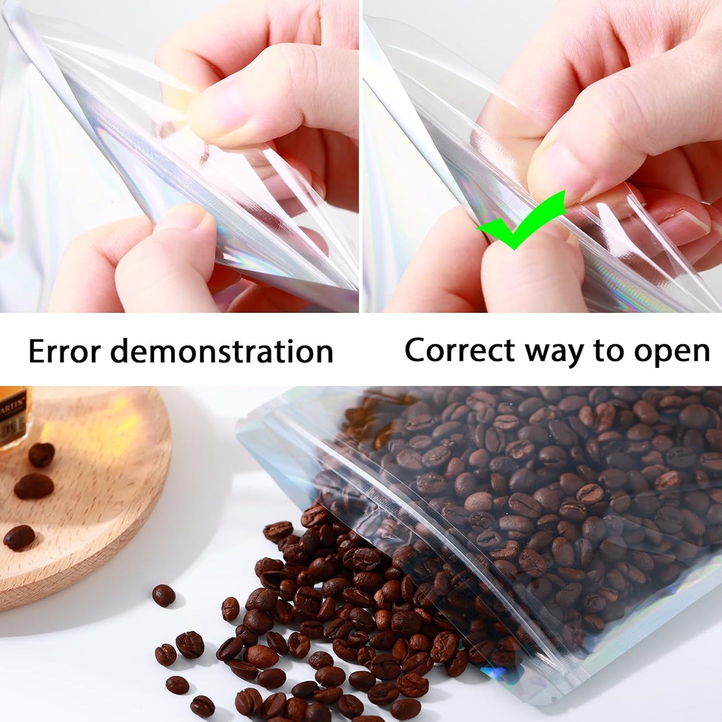 150 Pcs Mylar Bags for Food Storage, 7x10 Mylar Bag with Window Stand Up, Large Holographic Resealable Bags Smell Proof Bag Food Packaging for Small Business Freeze Dried Candy Jewelry Foil Packaging