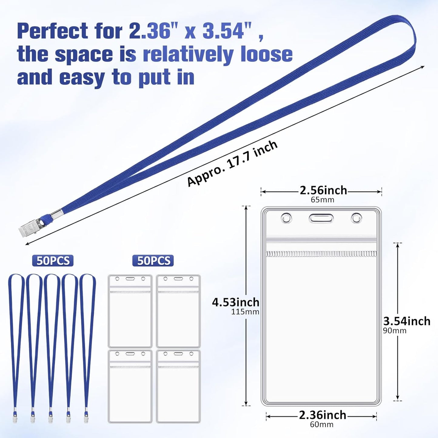 Marspark 100 Pcs Name Tag Lanyards with ID Holder Lanyards for ID Badges Resealable Flat Neck Name Tag with Clip Waterproof Plastic Clear Badges Bulk for School Office Supplies (Blue)