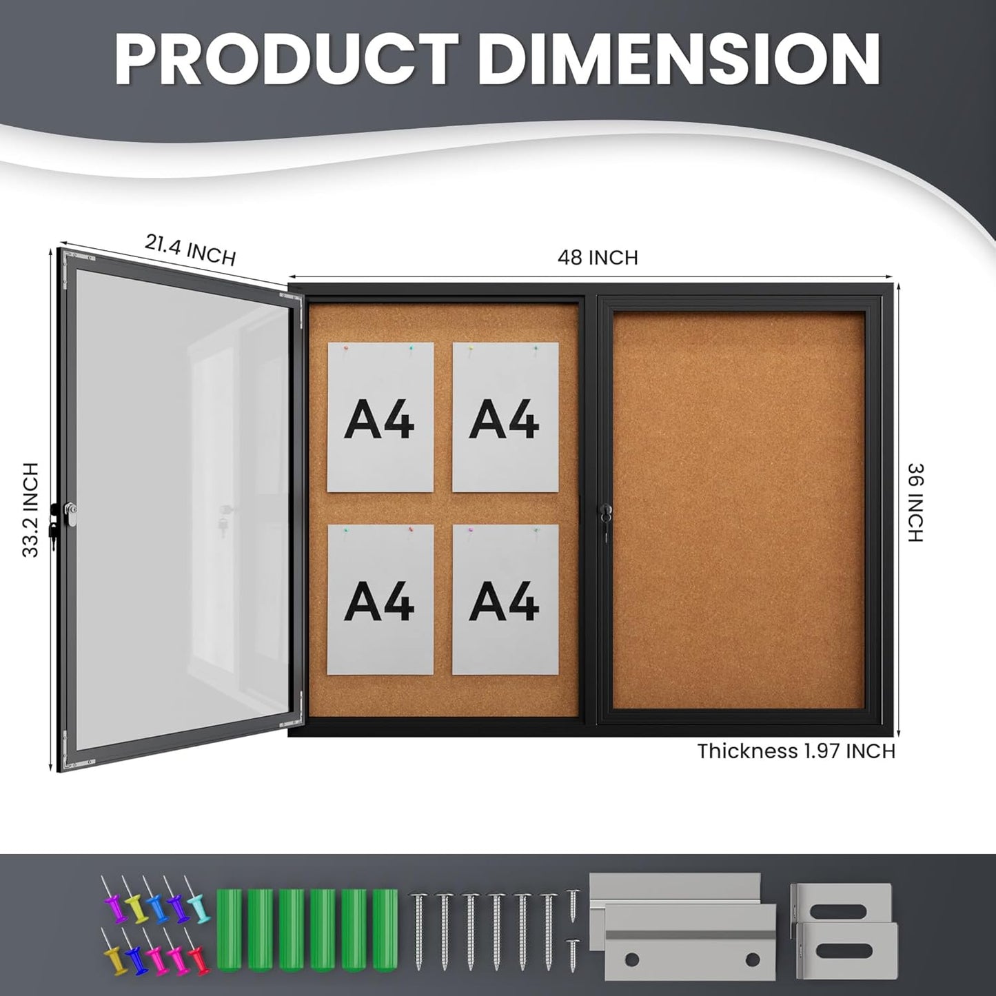 48"x36" Lockable Enclosed Bulletin Board, Outdoor Cork Weather-Resistant Aluminum Frame Notice Board, Wall Mounted Display Case Acrylic Doors for School,Office,Black Frame w/Cork