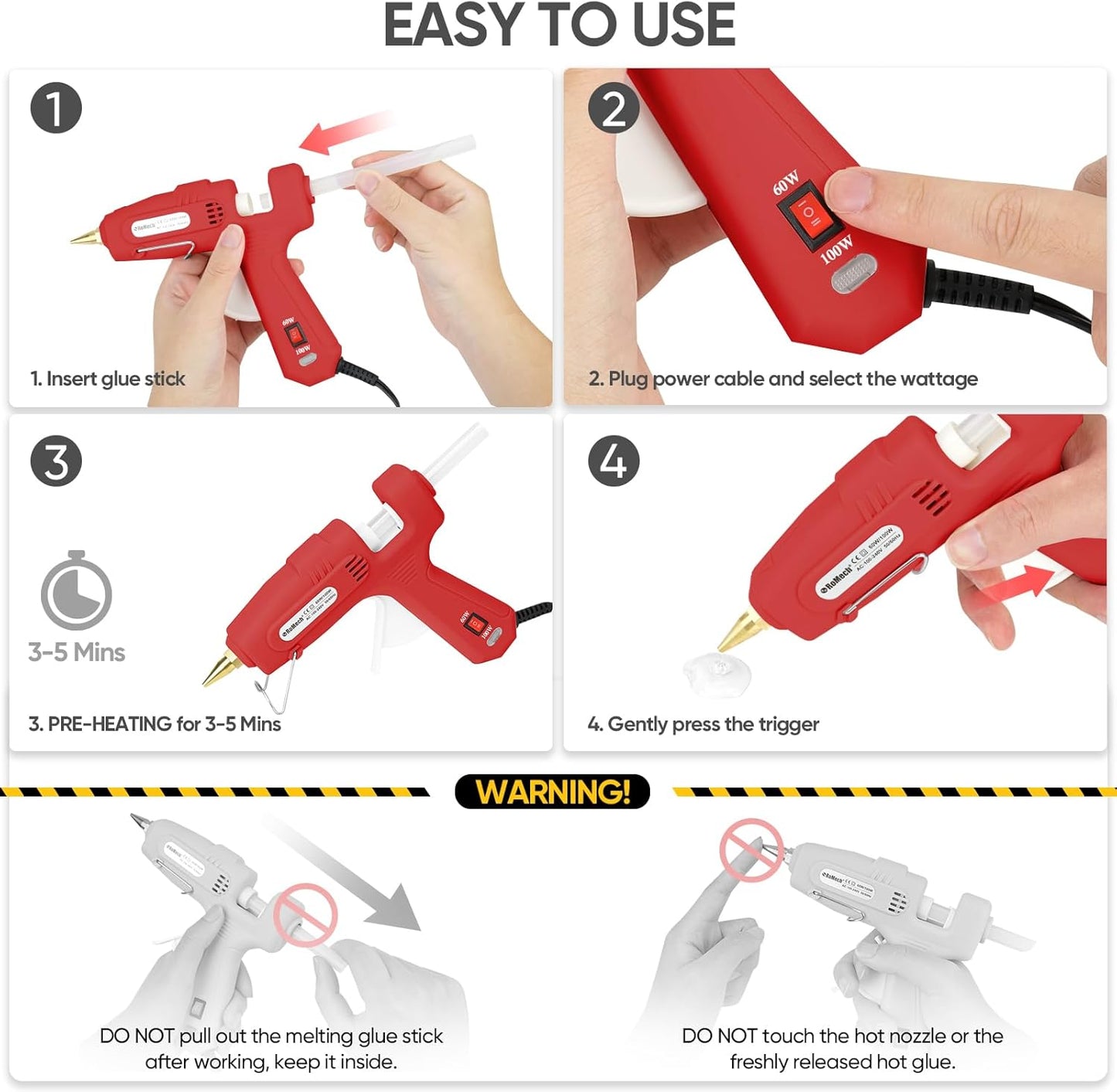 ROMECH Full Size Hot Glue Gun with 60/100W Dual Power and 21 Hot Glue Sticks (7/16"), Fast Preheating Heavy Duty Industrial Gluegun with Storage Case for Crafting, DIY and Repairs (Red)