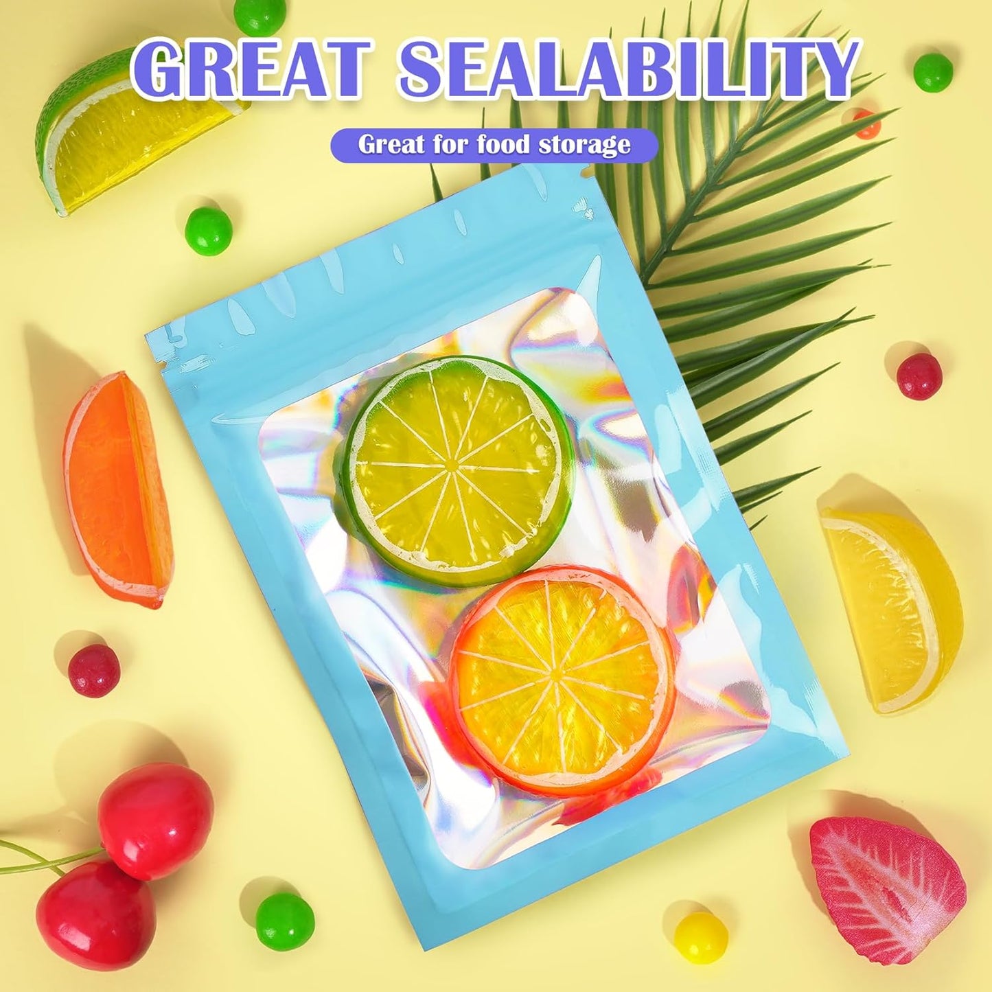 300 Pcs Mylar Bags, Smell Proof Bags Foil Pouch, Holographic Resealable Bags for Small Business, Candy Sample Jewelry Bag Sealable Packaging for Party Favor Food Storage (4x6in-Blue)