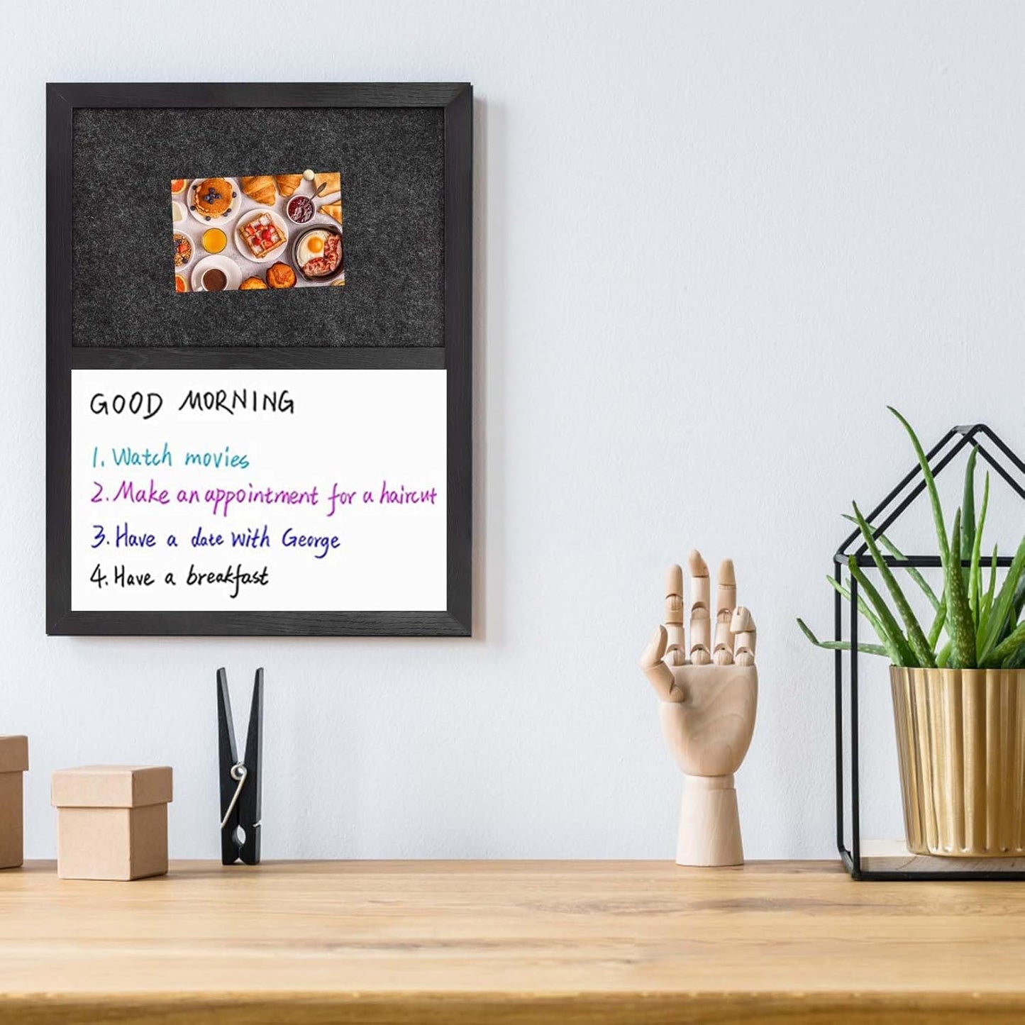 Bulletin Board Whiteboard Dark Gary Felt Board Combo for Office School Kitchen Bedroom, Black Wood Frame,13"*17",Whiteboard+BK-3343BK