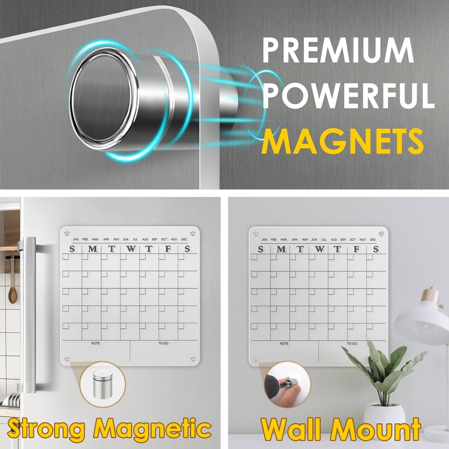MAKELLO Acrylic Calendar for Wall, Clear Fridge Calendar for Family,2 Pens, Pen Holder, Fixing Screw and Magnets for Refrigerator,12x12 in