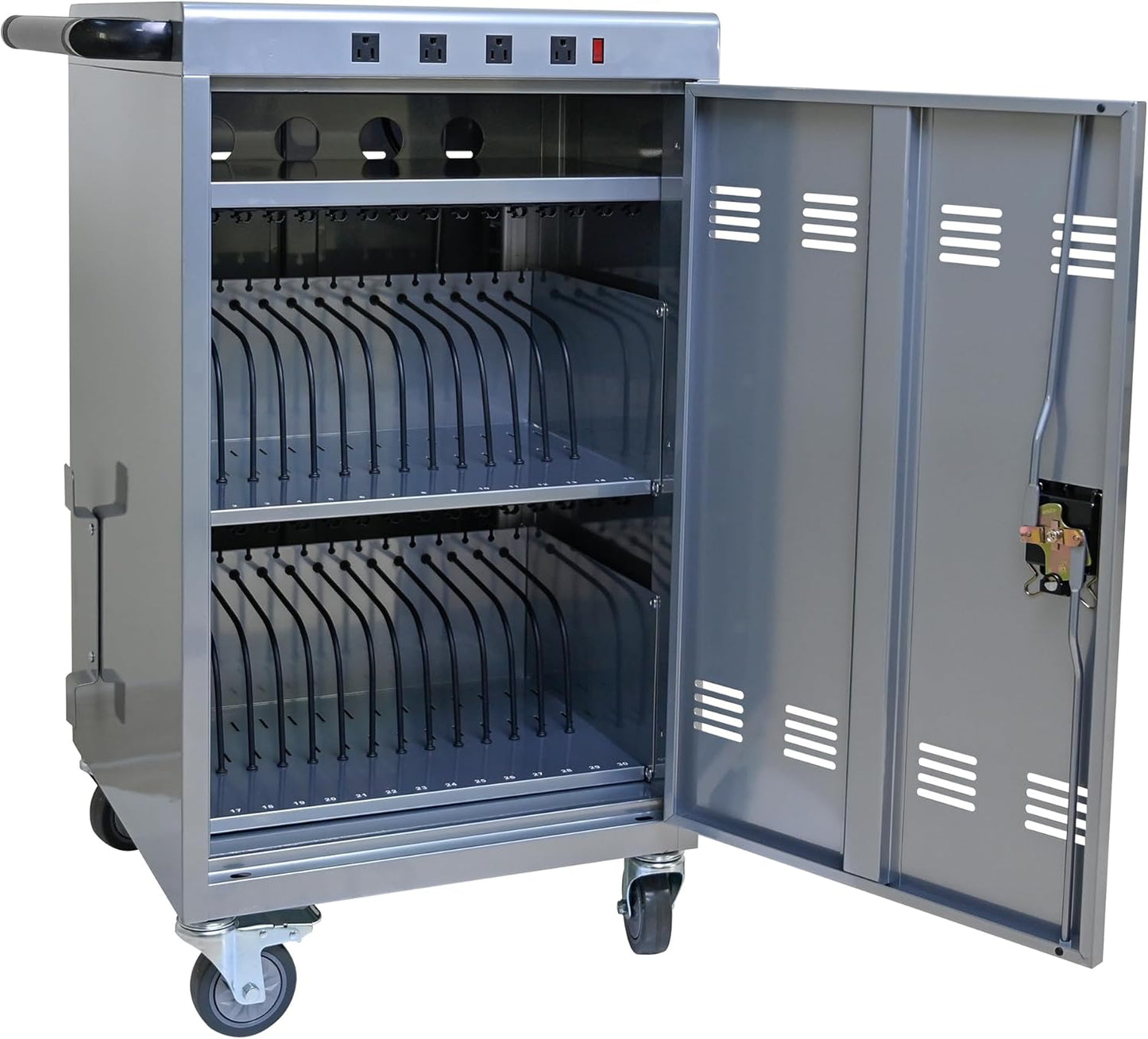 35 Devices Mobile Lockable Charging Cart and Cabinet Up to 16.3" Screen Tablet Storage Cart Charging Trolley Station with Handle and Cable Management Dividers for Tablets Laptops Chromebook Silver