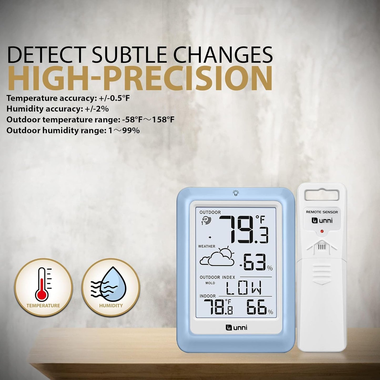 Indoor Outdoor Thermometer Wireless Weather Station, Temperature Humidity Monitor Battery Powered with 330ft Range Remote Sensor and Backlight Display（Light Blue）