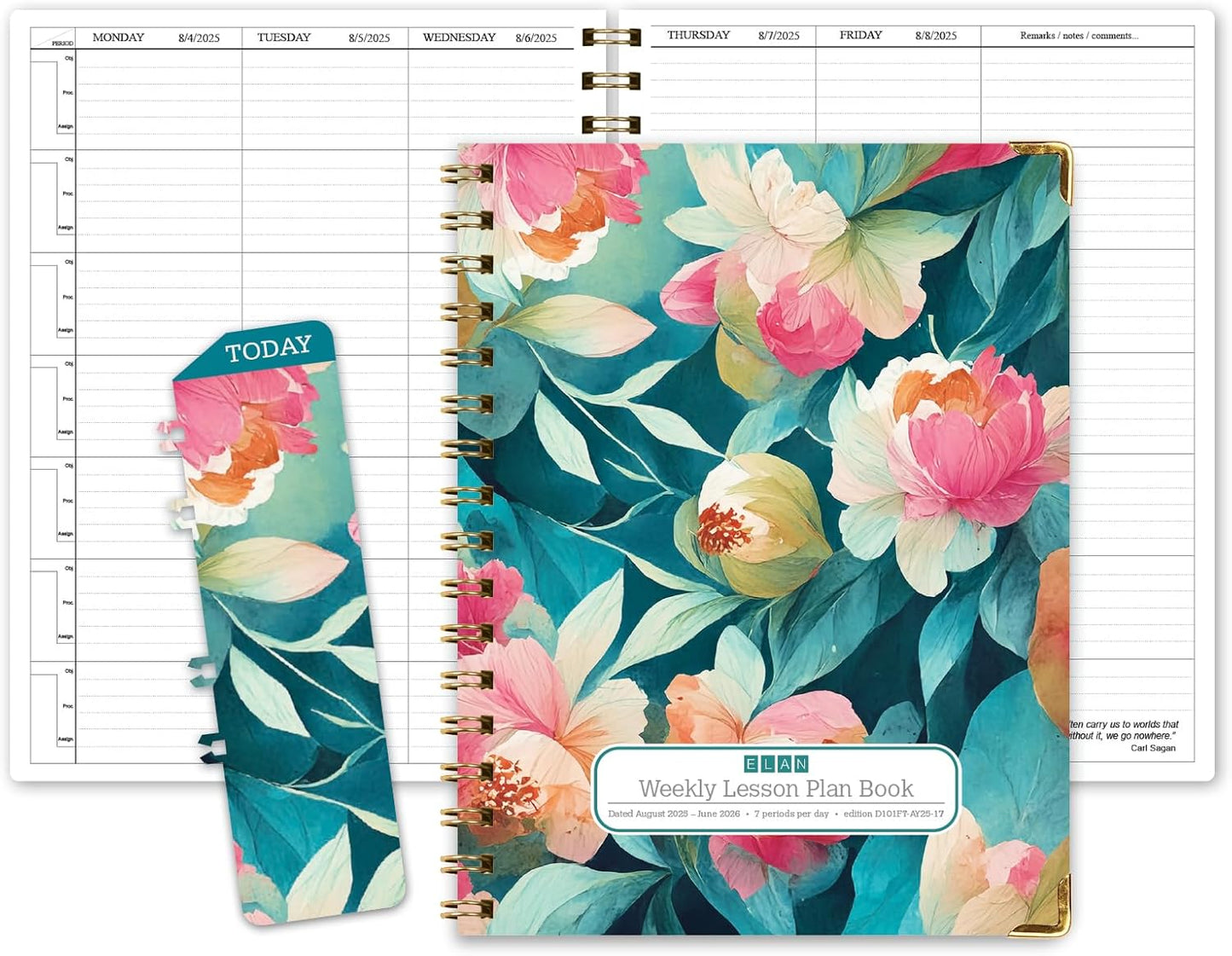 Elan Publishing Company HARDCOVER 7 Period Dated Teacher Lesson Plan; Days Horizontally Across The Top Dated for 2025-2026 Academic Year with Bonus Clip-in Bookmark (Teal Floral)