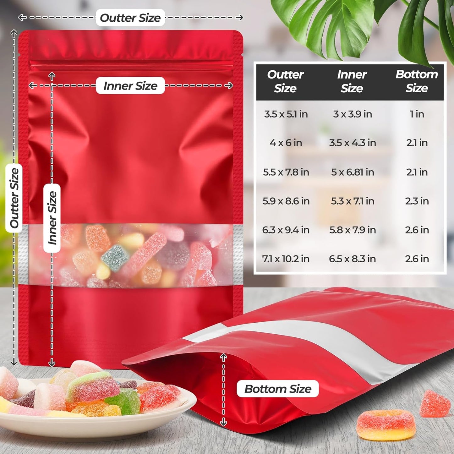 Funfery 100 Pcs Smell Proof Packaging Bags,Mylar Clear Bags for Food Storage,Sealable Bag for Packaging,Stand Up Pouches with Window,ReSealable Bag for Small Business,Cookies,Candy(Red,4x6in)