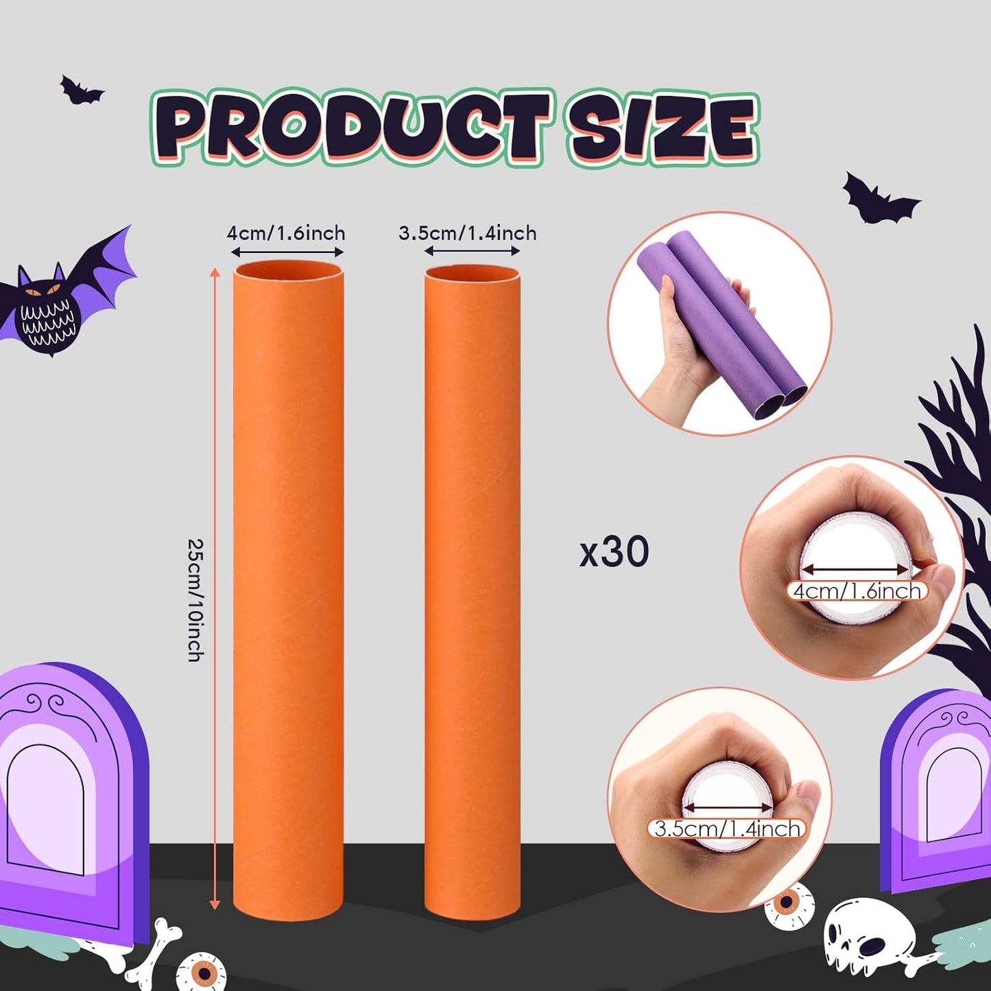 MotiMind 60 Pcs Cardboard Tubes for Craft 2 Size Empty Paper Towel Rolls Cardboard Toilet Paper Tubes Bulk for Classroom DIY Projects(Halloween,1.4 x 10 Inch, 1.6 x 10 Inch)