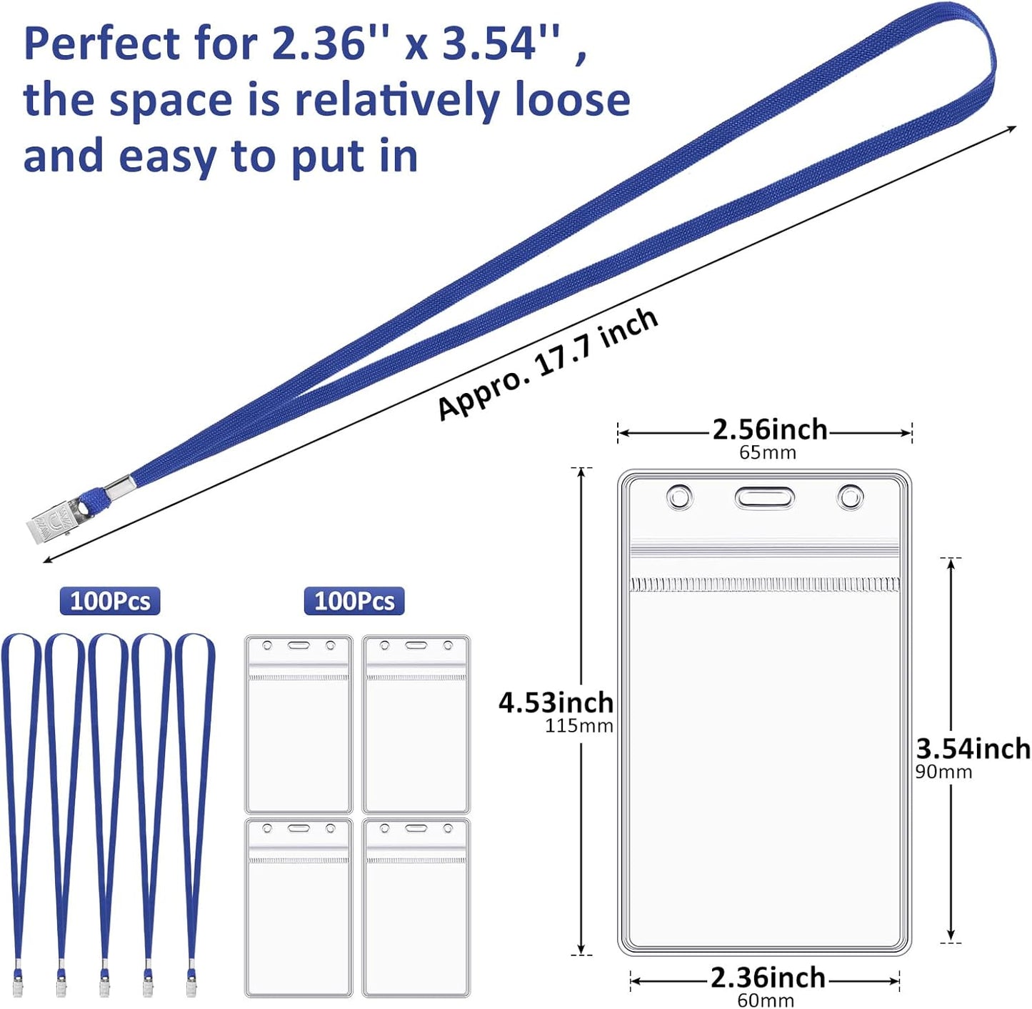 Marspark 200 Pcs Name Tag Lanyards with ID Holder Lanyards for ID Badges Resealable Flat Neck Name Tag with Clip Waterproof Plastic Clear Badges Bulk for School Office Supplies (Blue)