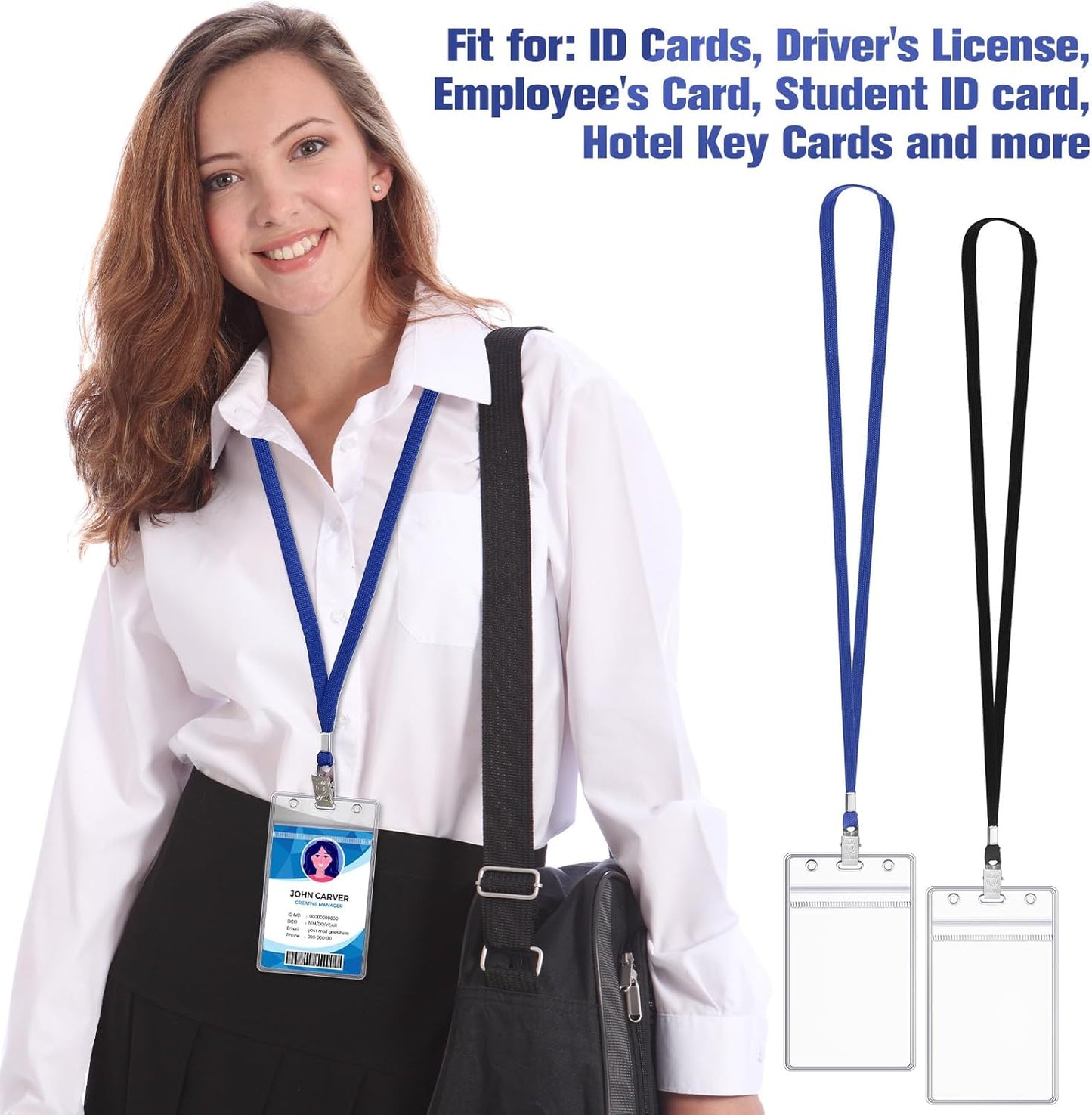 Marspark 200 Pcs Name Tag Lanyards with ID Holder Lanyards for ID Badges Resealable Flat Neck Name Tag with Clip Waterproof Plastic Clear Badges Bulk for School Office Supplies (Black,Blue)