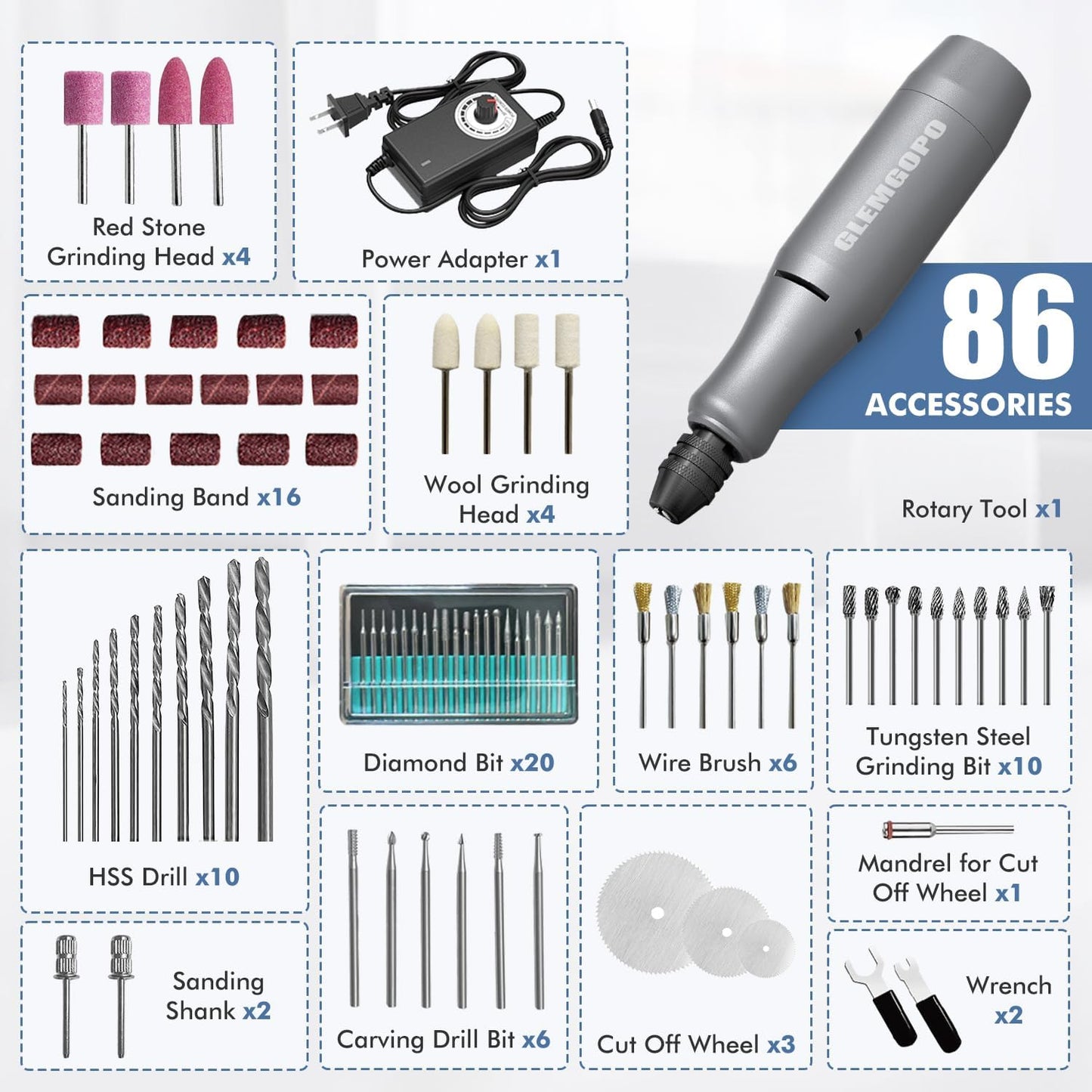 Mini Rotary Tool Kit with Copper Core Motor & 86 Accessories, Variable Speed 0-18,000 RPM, 3-24V Regulated Power for Engraving, Sanding, Polishing, Drilling, DIY Crafts