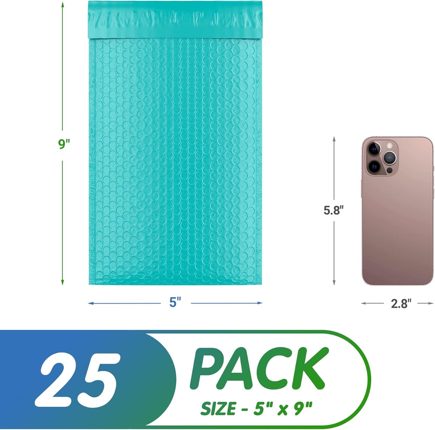 Teal Poly Bubble Mailers Self Seal, 5 x 9 Inch. Pack of 25 Bubble Packaging Envelopes for Shipping. Durable Padded Envelopes Waterproof. Self Seal Padded Mailers. Shipping Packages