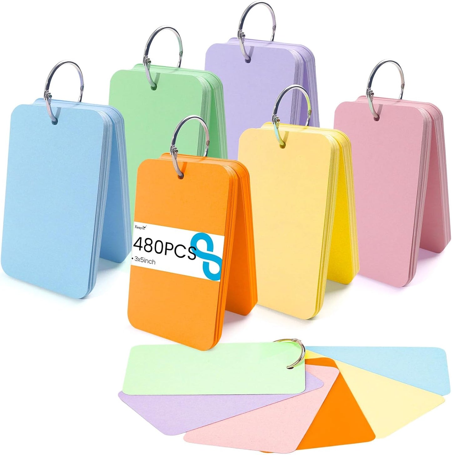 Koogel Index Cards 3x5, 480PCS, Colored Index Cards with Ring for Back to School, Heavyweight Notecard Flashcard for Studying Learning College Memory Recipe Game Teacher Classroom Supplies, 6 Colors